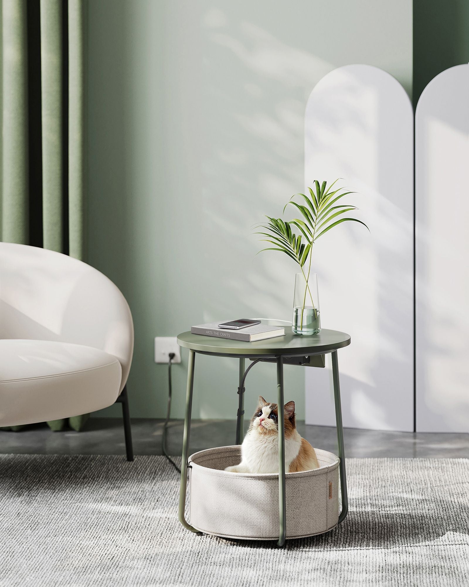 Round Side Table with Charging Station - USB & AC Ports - Fabric Storage Basket - Small Space Solution