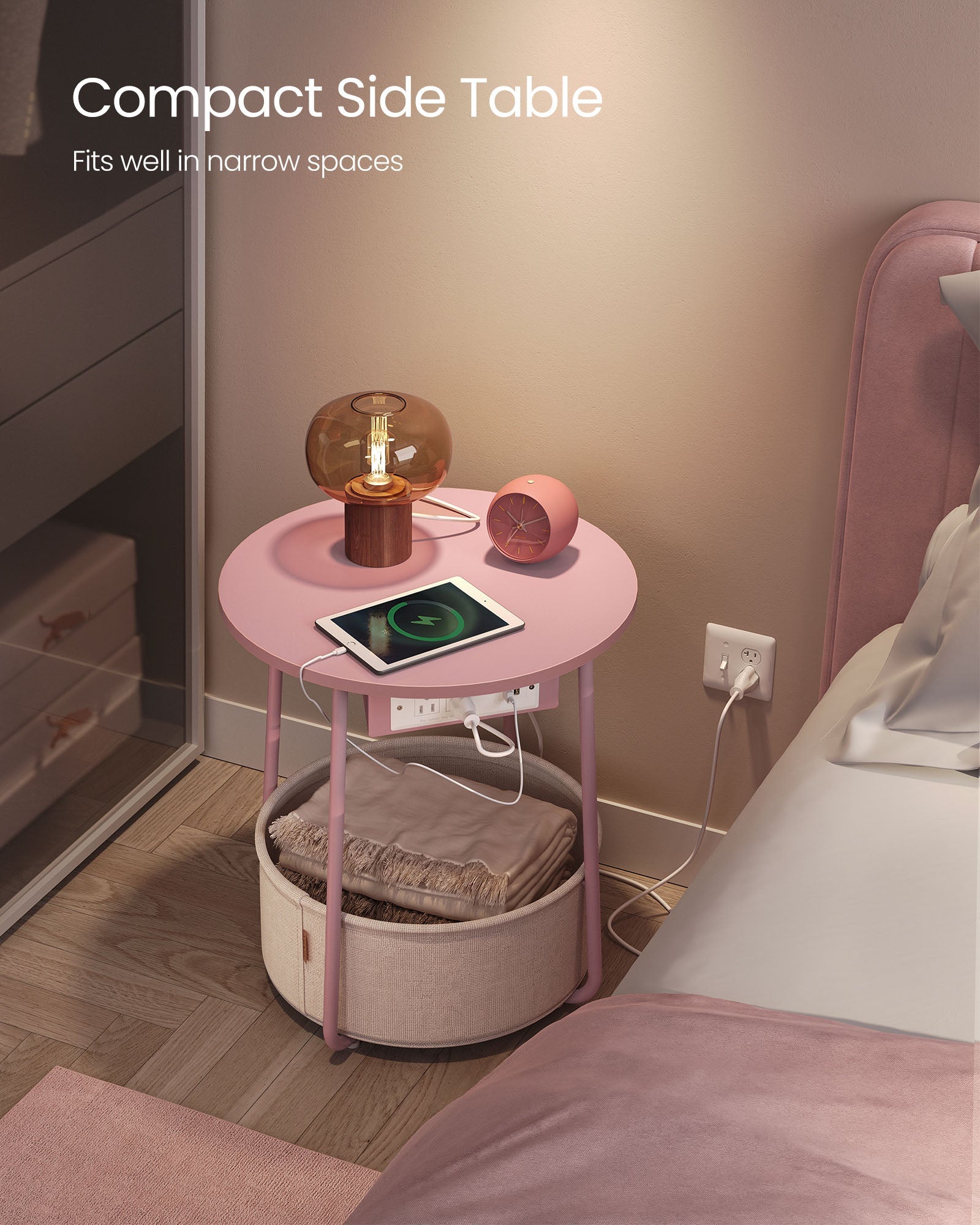 Round Side Table with Charging Station - USB & AC Ports - Fabric Storage Basket - Small Space Solution