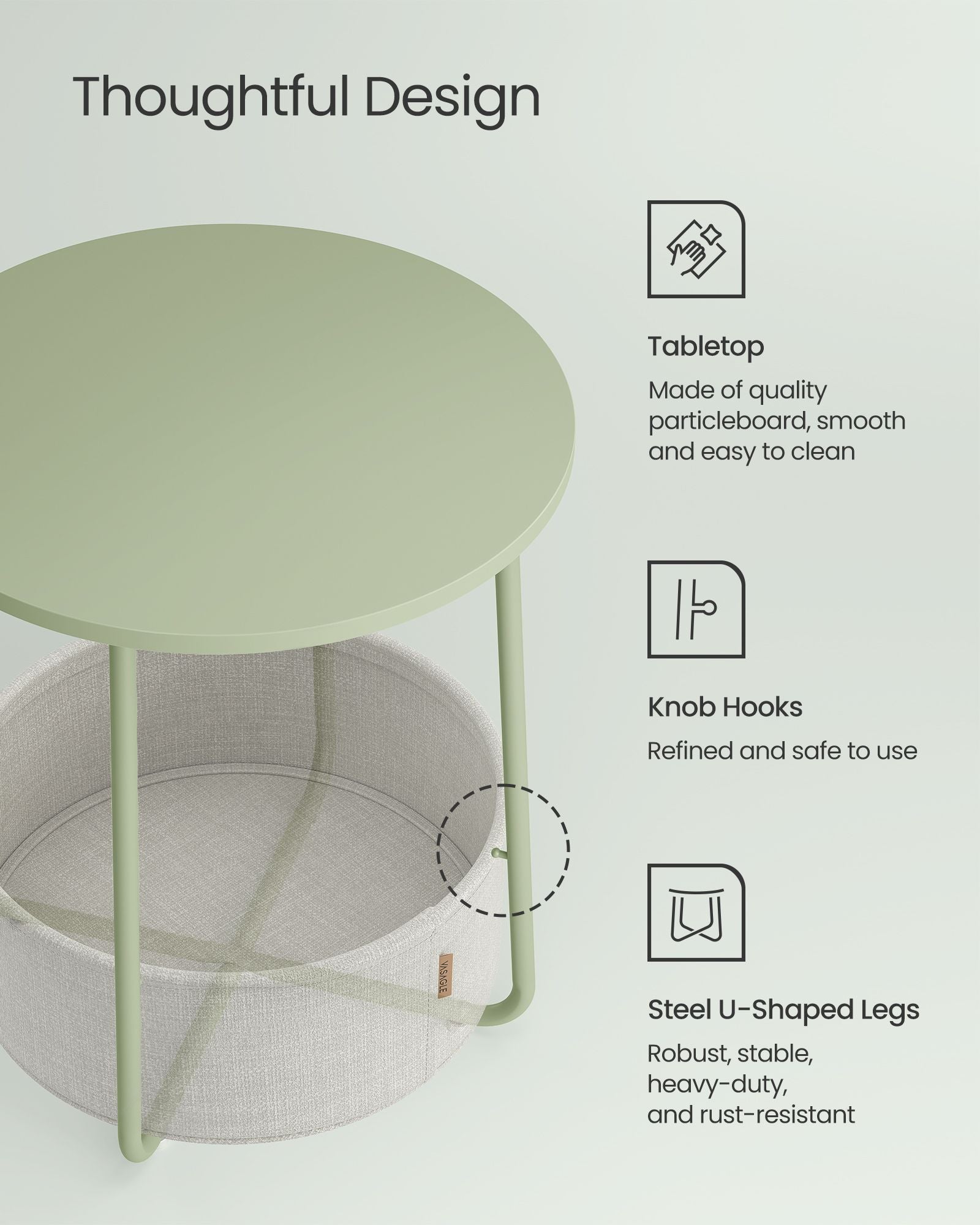 Round side table with fabric basket - 17" wide - sturdy steel frame - quick assembly