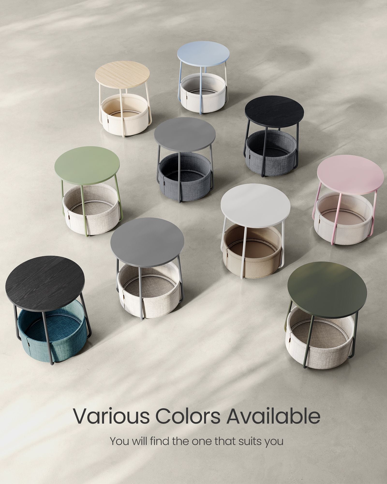 Round side table with fabric basket - 17" wide - sturdy steel frame - quick assembly