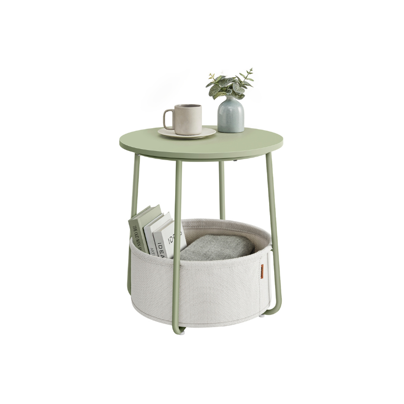 Round side table with fabric basket - 17" wide - sturdy steel frame - quick assembly