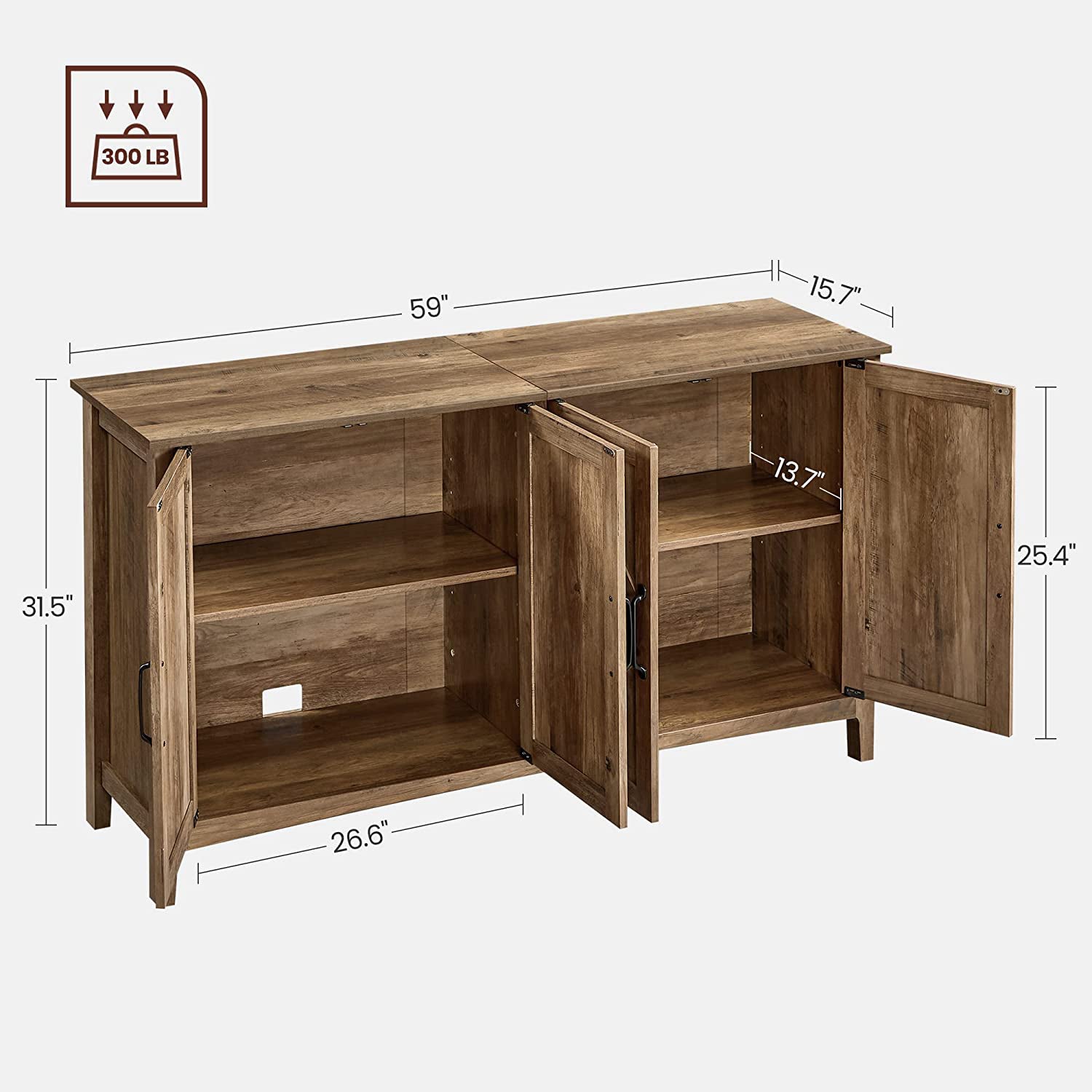 Rustic buffet cabinet, 59" sideboard, adjustable shelves, cable management