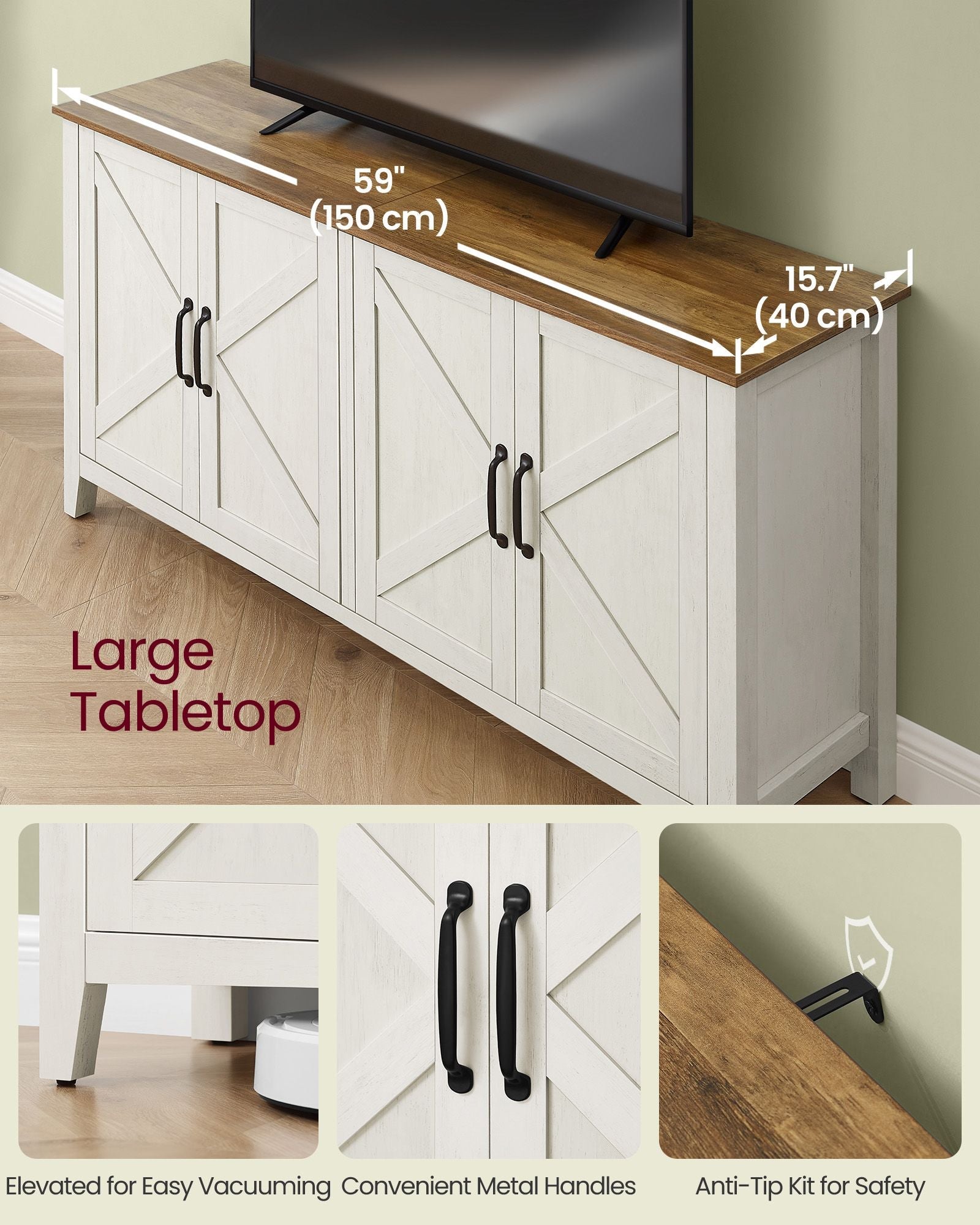 Rustic buffet cabinet, 59" sideboard, adjustable shelves, cable management