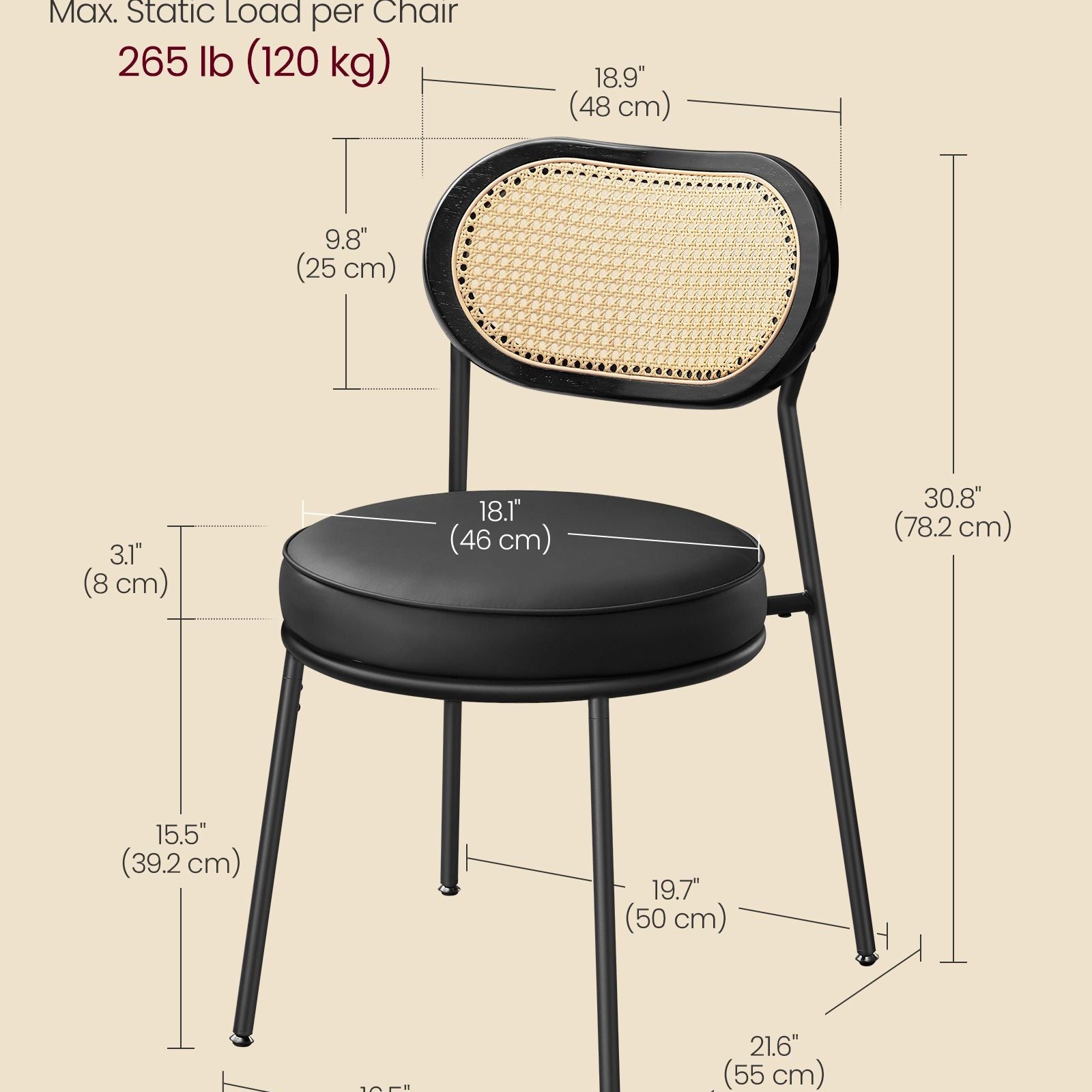 Set of 2 BOHO Dining Chairs, Rattan Back, Faux Leather Cushion, Swivel Feet