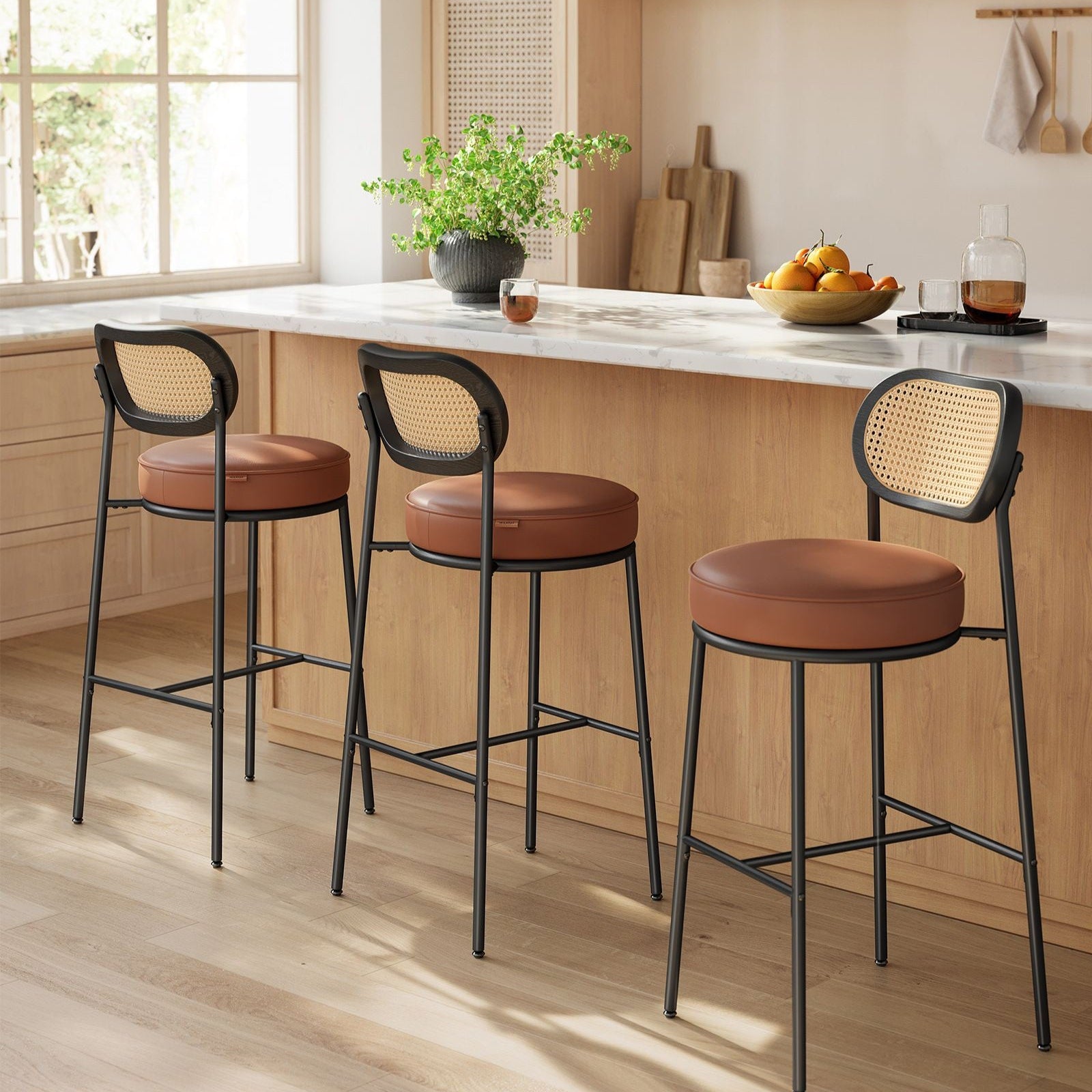 Set of 2 BOHO Rattan Bar Stools with Cushioned Seat - PE Rattan Back