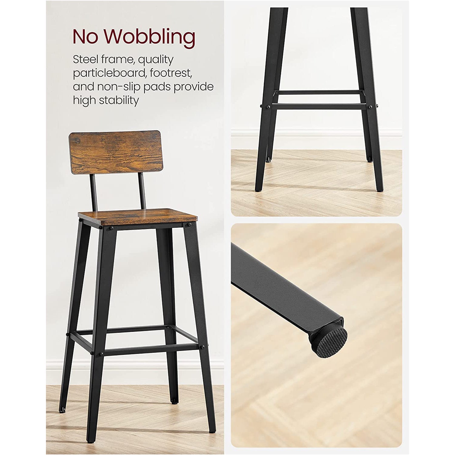Set of 2 industrial bar stools - rustic brown with backrest and footrest - 29.1" seat height