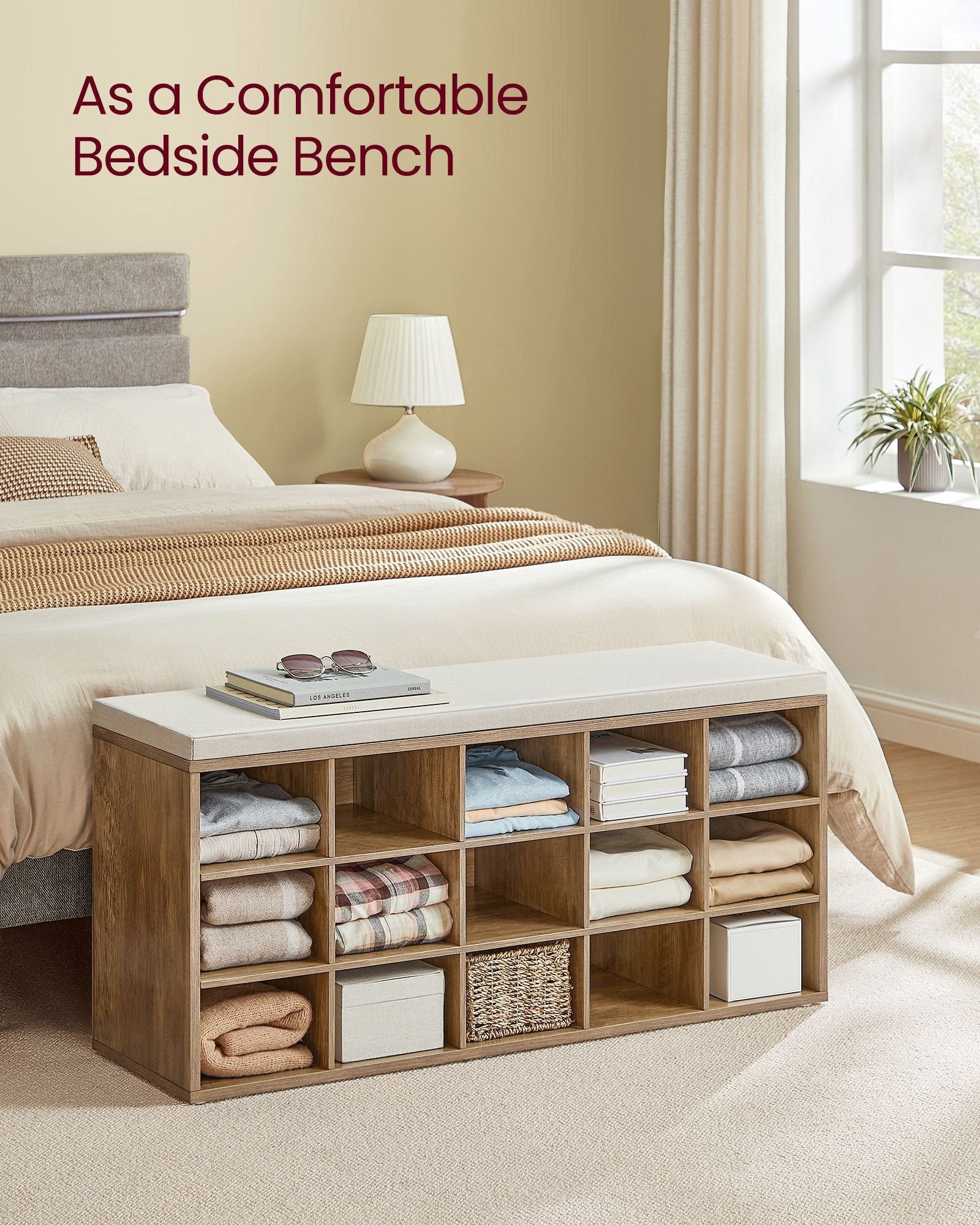 Shoe storage bench with cushion – holds 15 pairs