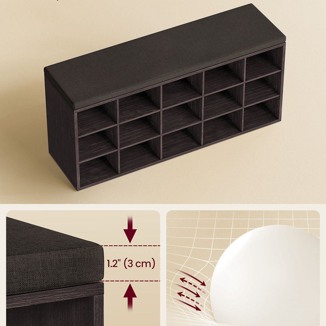 Shoe storage bench with cushion – holds 15 pairs