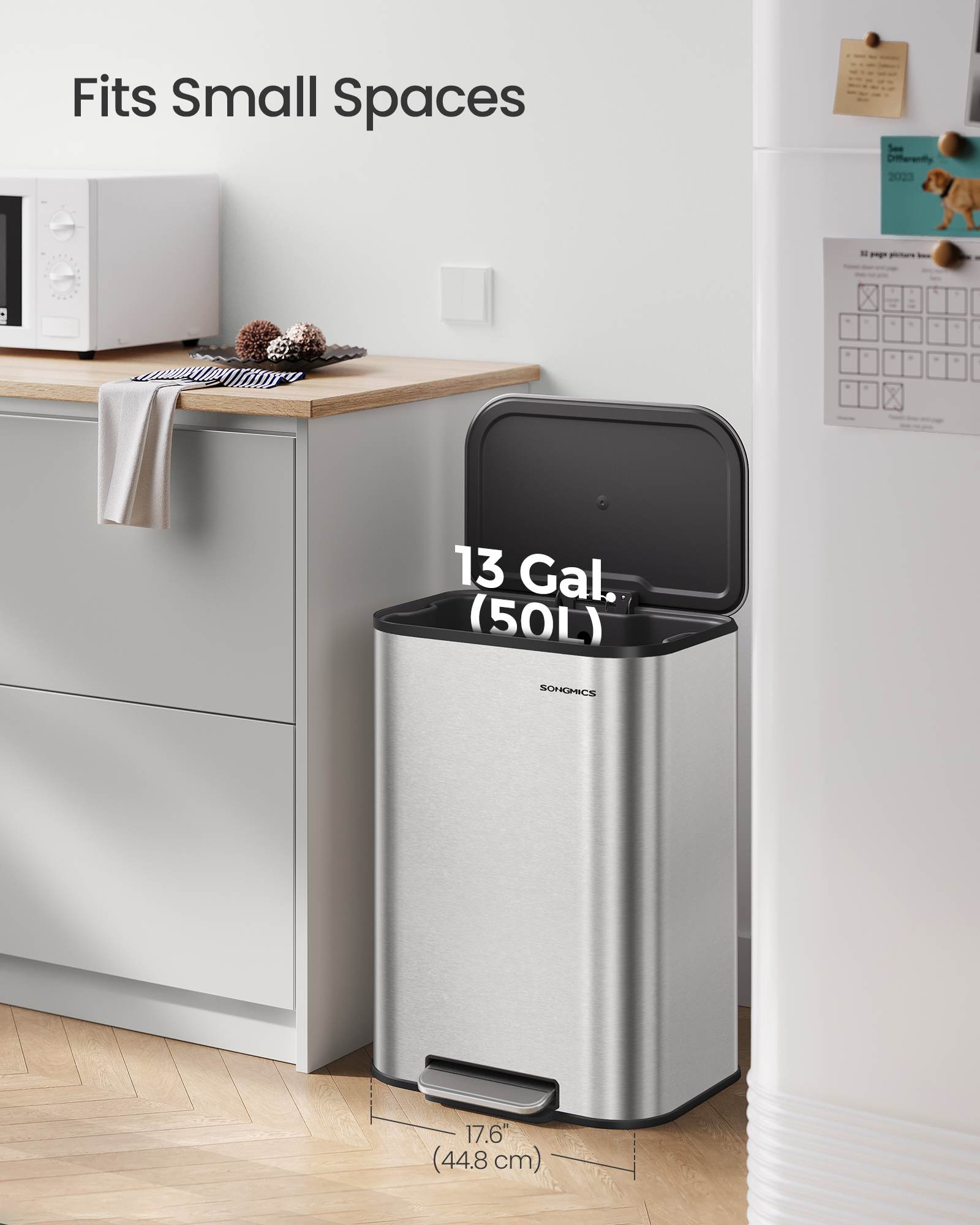Stainless Steel Trash Can, 13 Gal., Soft-Close, Inner Bucket, Pedal-Operated