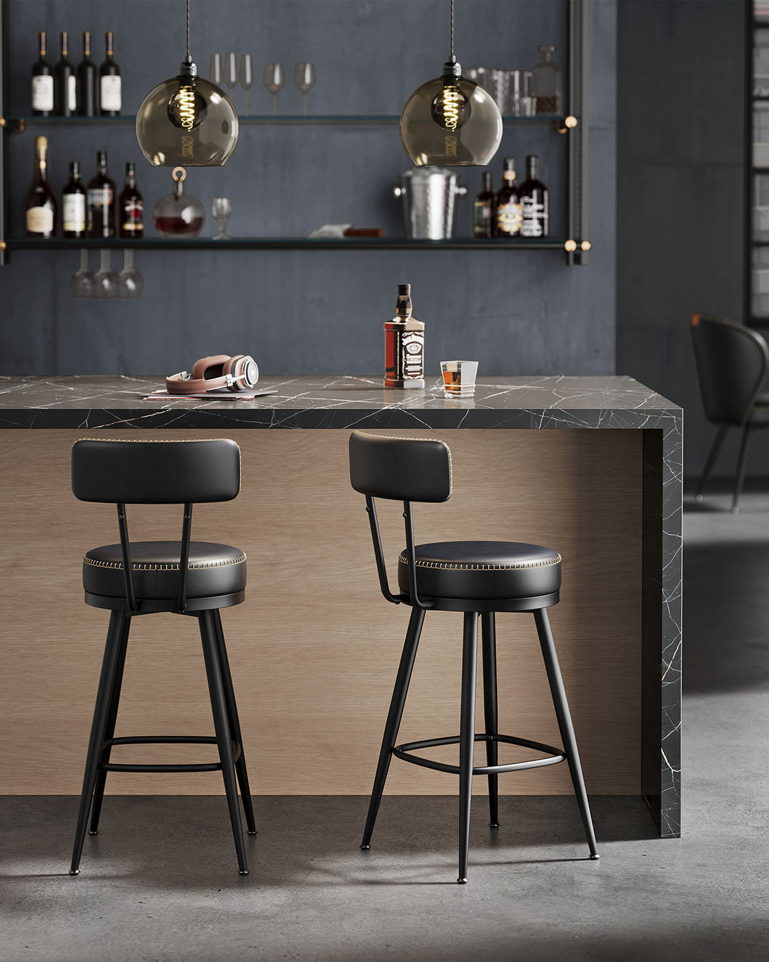 Swivel Bar Stools – Set of 2 – Faux Leather Seat with 360° Rotation – Steel Frame with Adjustable Feet – 25.6"/30" Seat Height