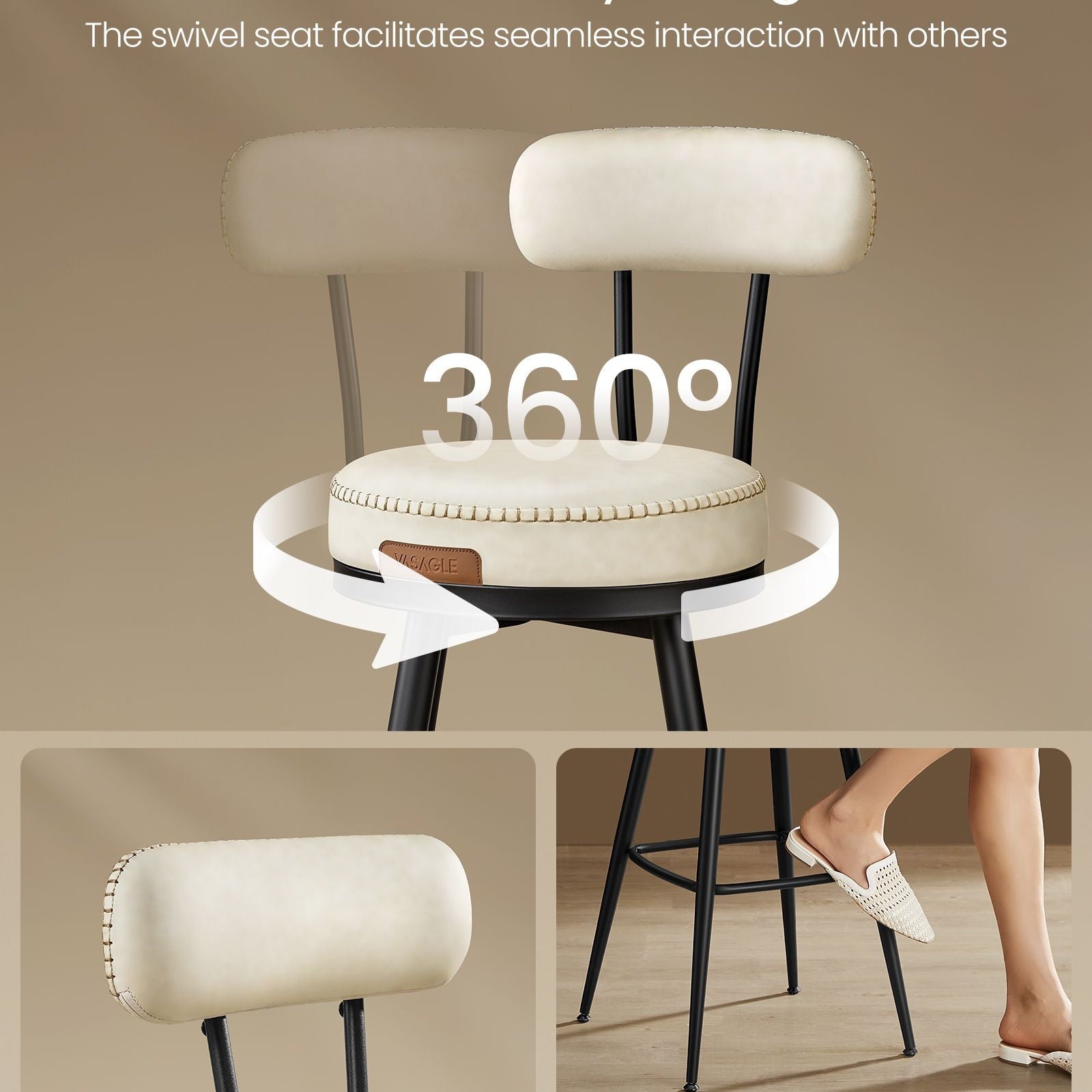 Swivel Bar Stools – Set of 2 – Faux Leather Seat with 360° Rotation – Steel Frame with Adjustable Feet – 25.6"/30" Seat Height