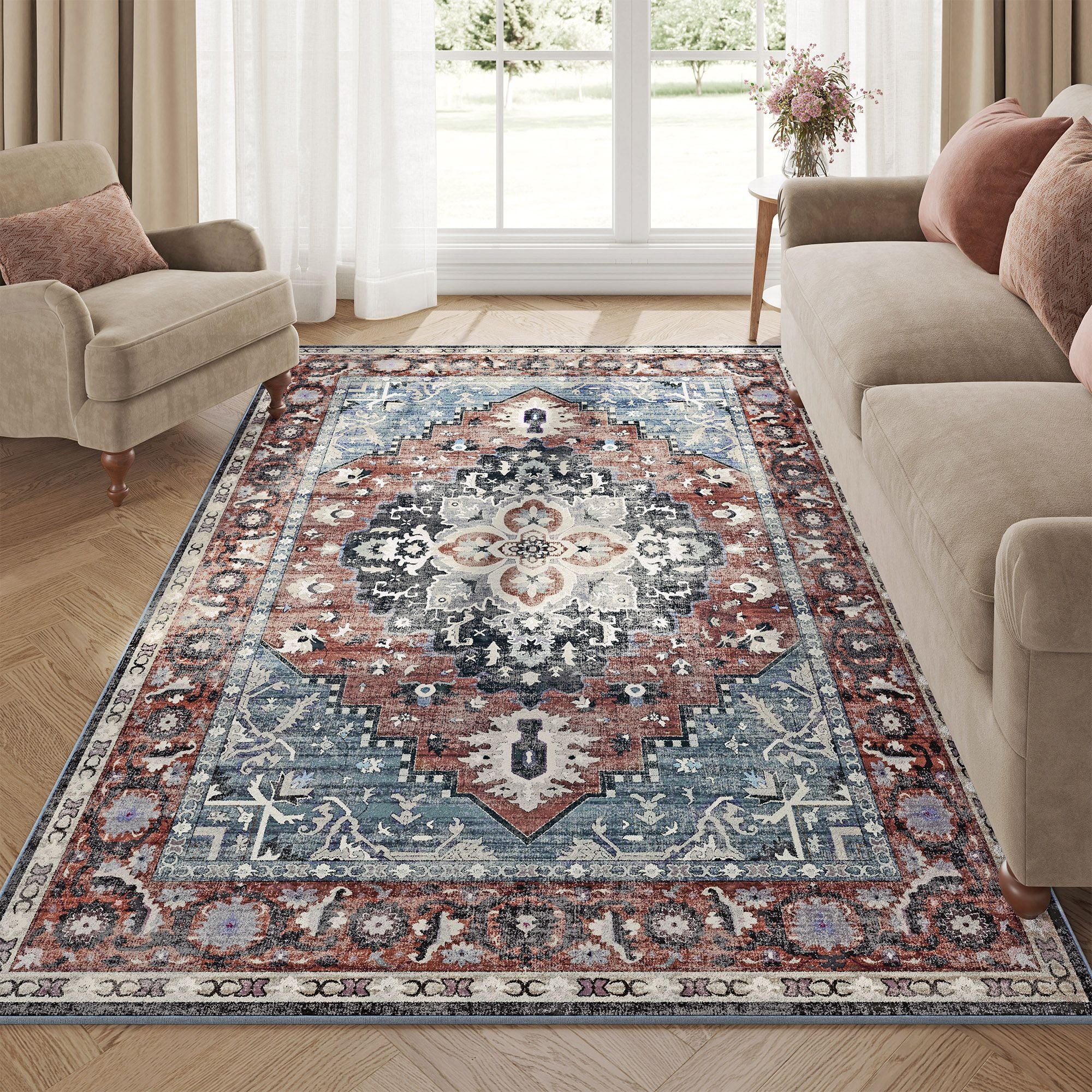 Area Rug - Non-Slip Carpet - Traditional Vintage Style - Machine Washable - Bedroom Kitchen Living Room - Rust Blue - Medium