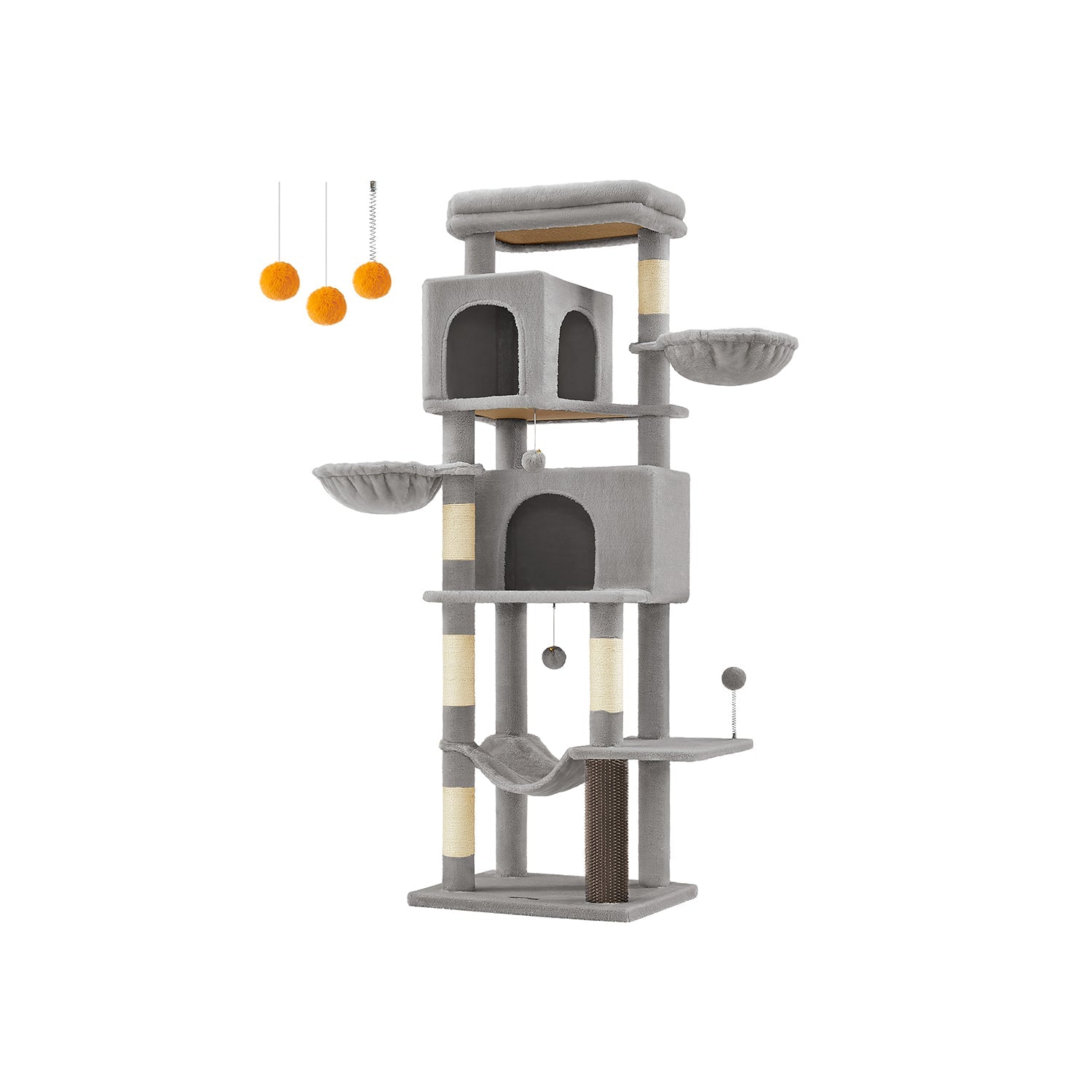 Tall Cat Tree Tower, 69", Multi-Level, Hammock, Caves, Sisal Posts, Plush