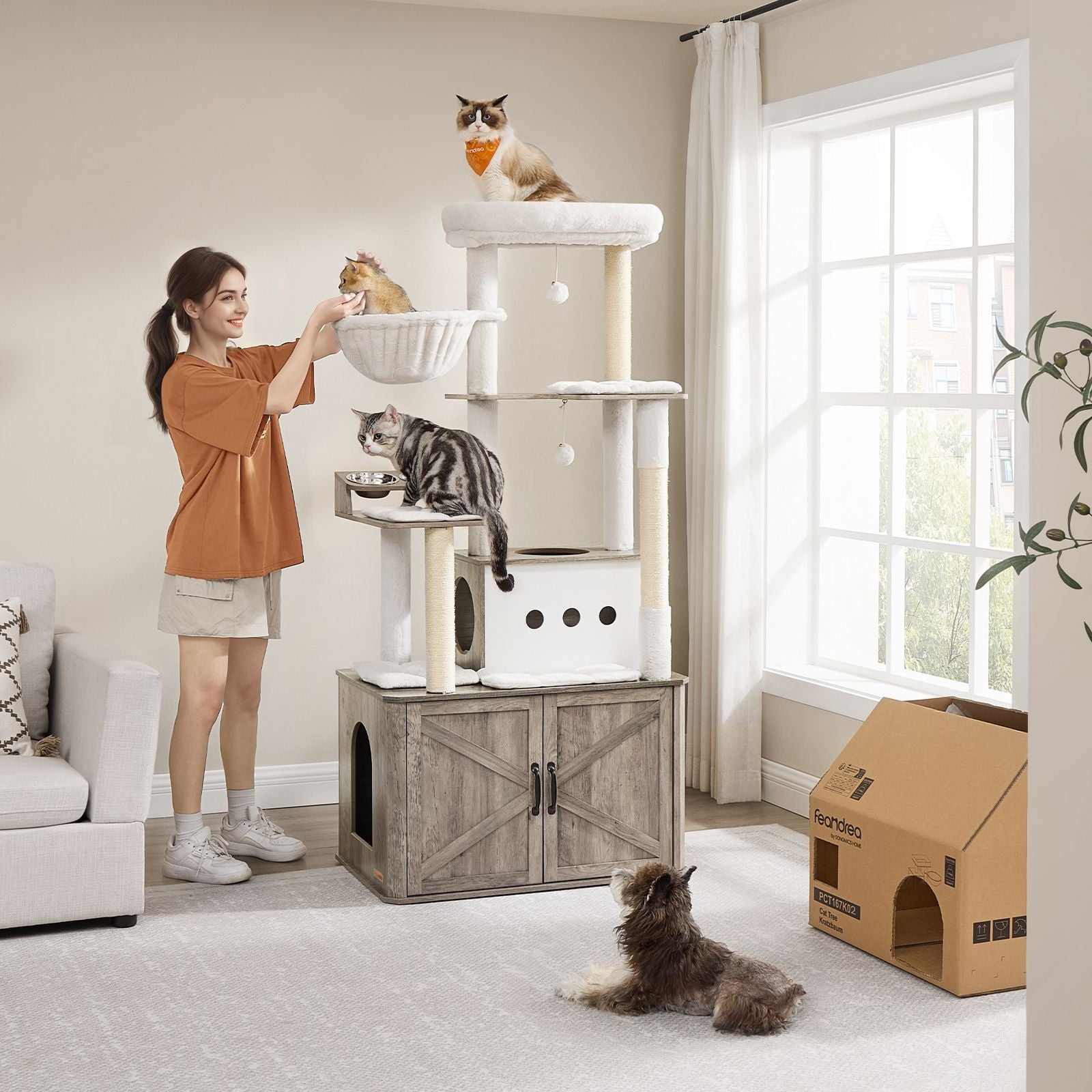 Tall Cat Tree Tower, Litter Box Cabinet, Feeding Station, Perches, Cushions