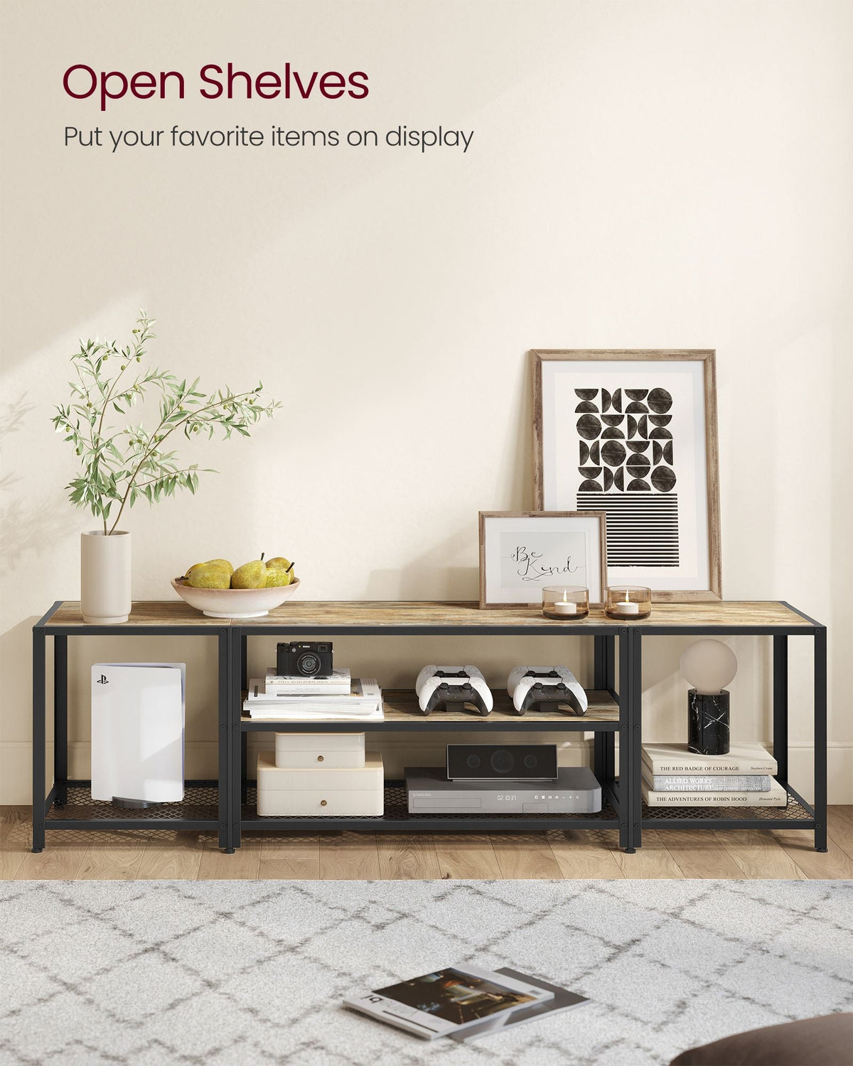 Tv stand with mesh shelf - rustic industrial console table for tvs up to 70"