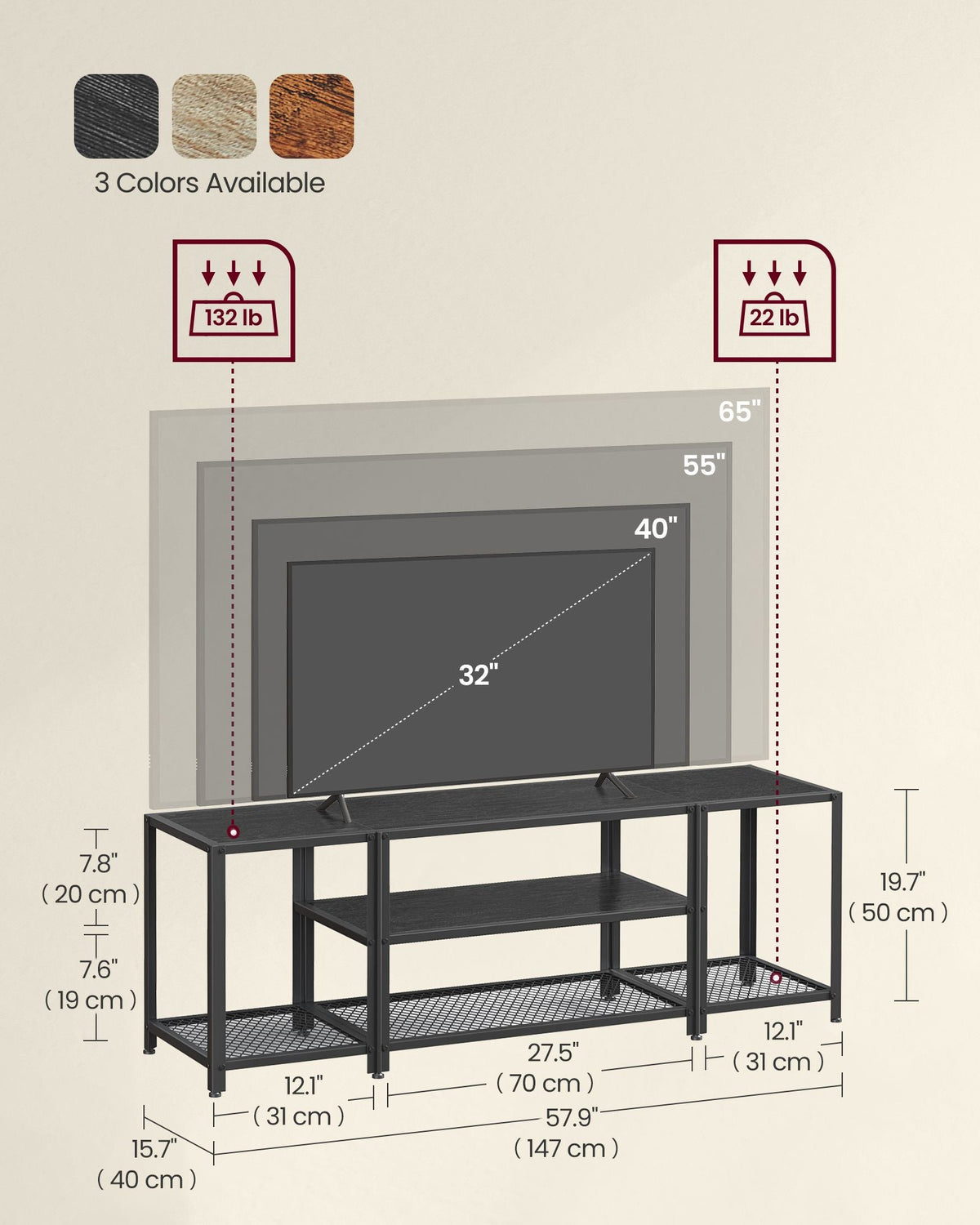 Tv stand with mesh shelf - rustic industrial console table for tvs up to 70"