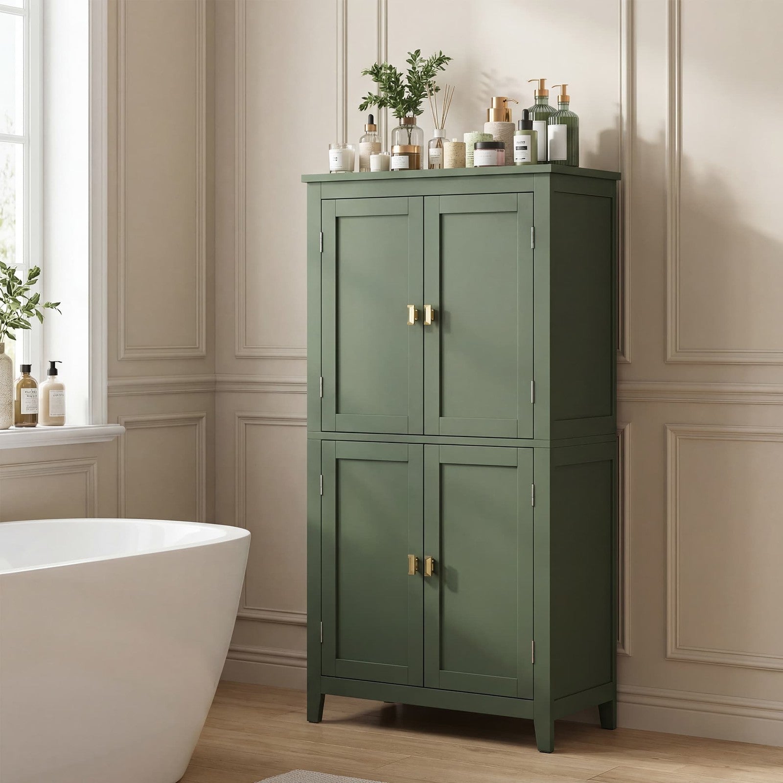 Freestanding Storage Cabinet with Adjustable Shelves for Bathroom - Forest Green