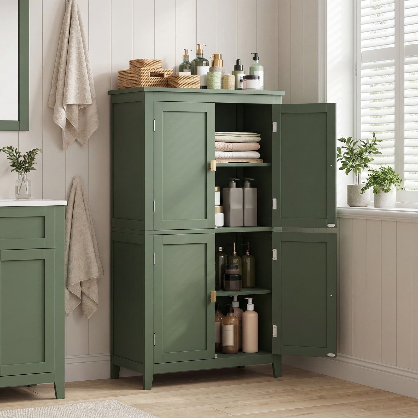 Freestanding Storage Cabinet with Adjustable Shelves for Bathroom - Forest Green
