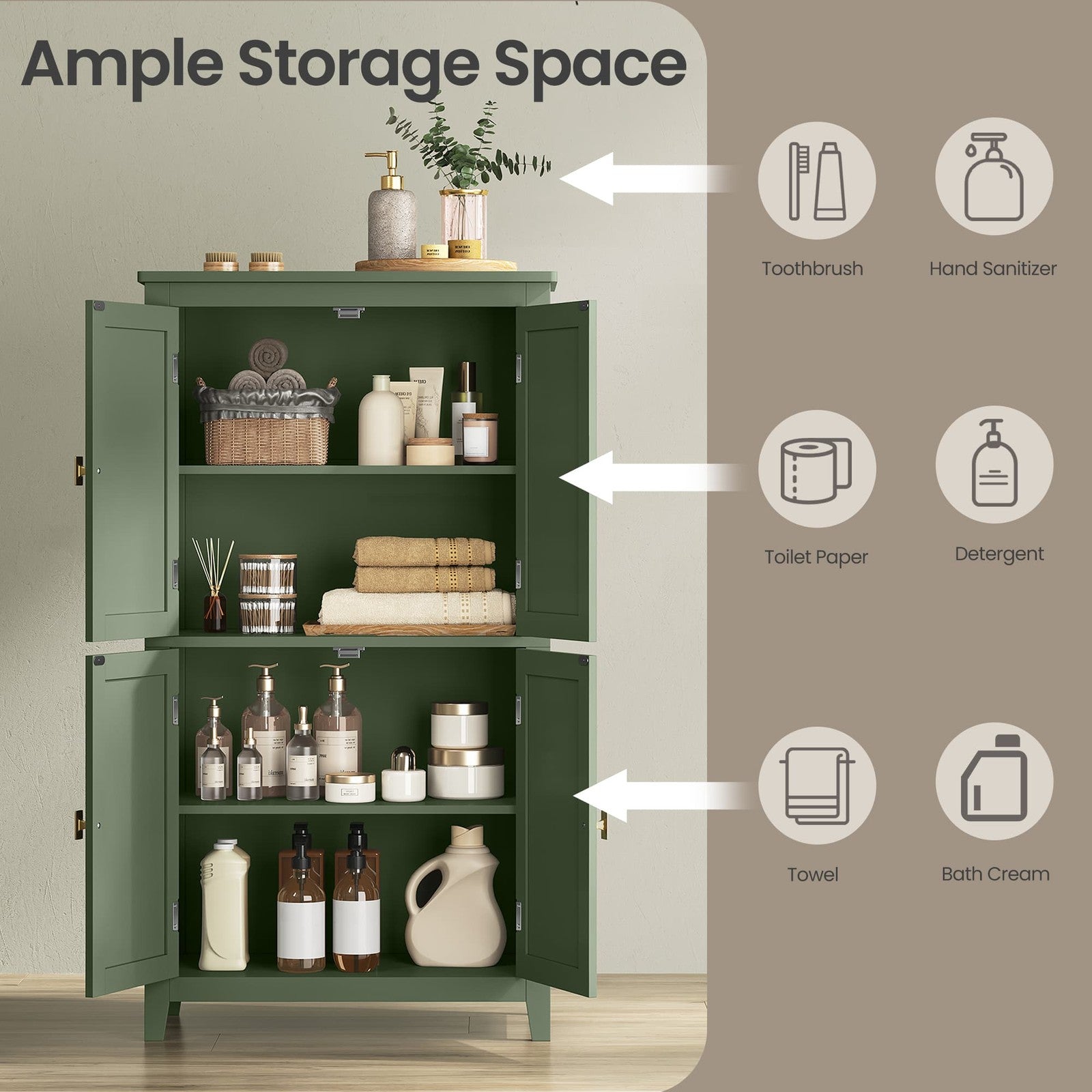 Freestanding Storage Cabinet with Adjustable Shelves for Bathroom - Forest Green
