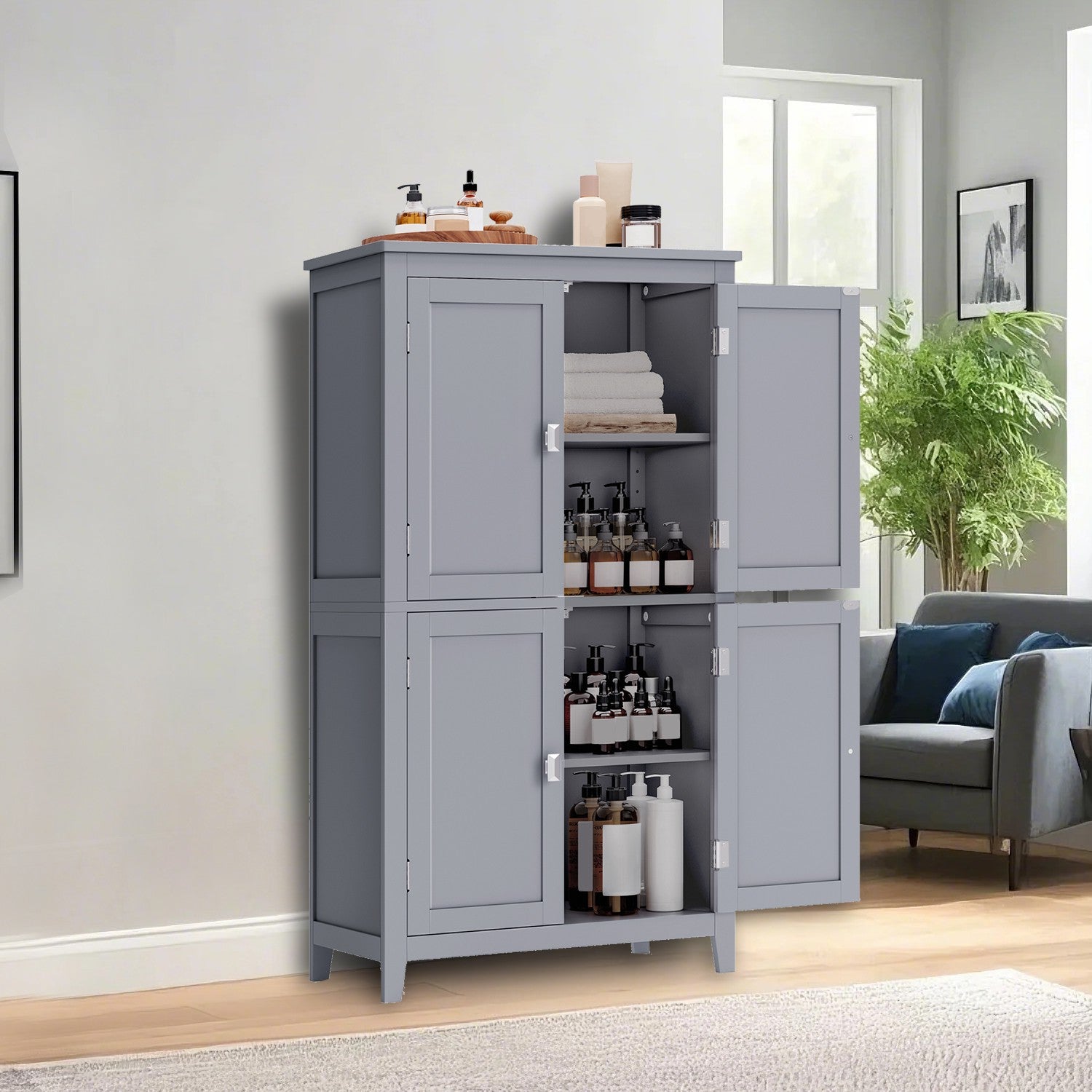 Freestanding Storage Cabinet with Adjustable Shelves for Bathroom - Mystic Gray