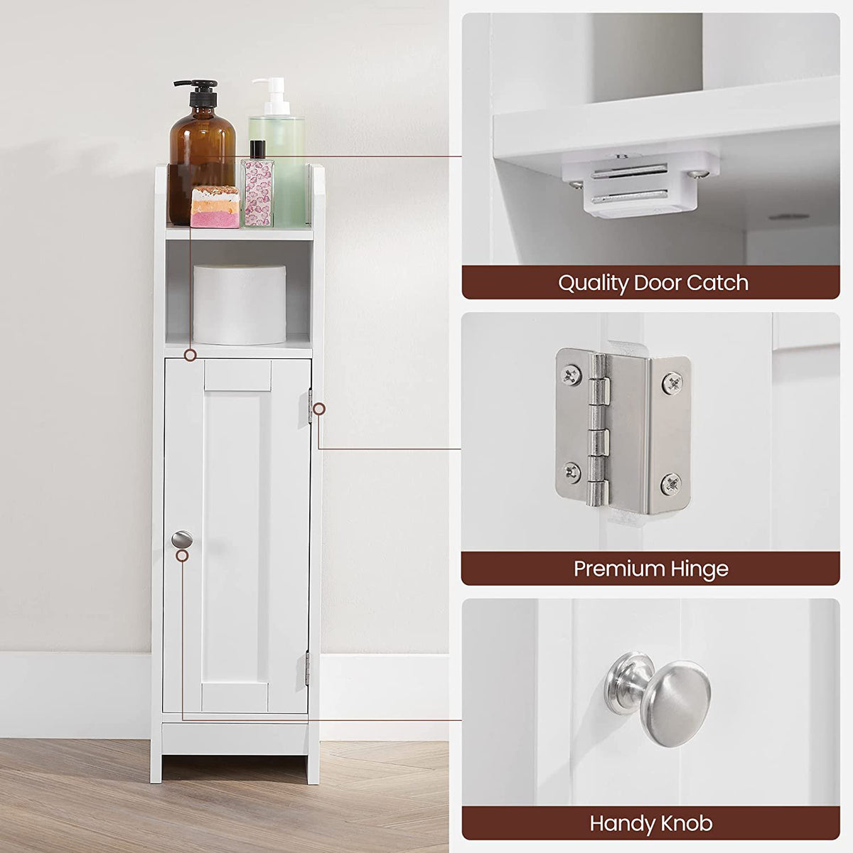 Corner Floor Cabinet - Small Bathroom Storage - Door and Shelves