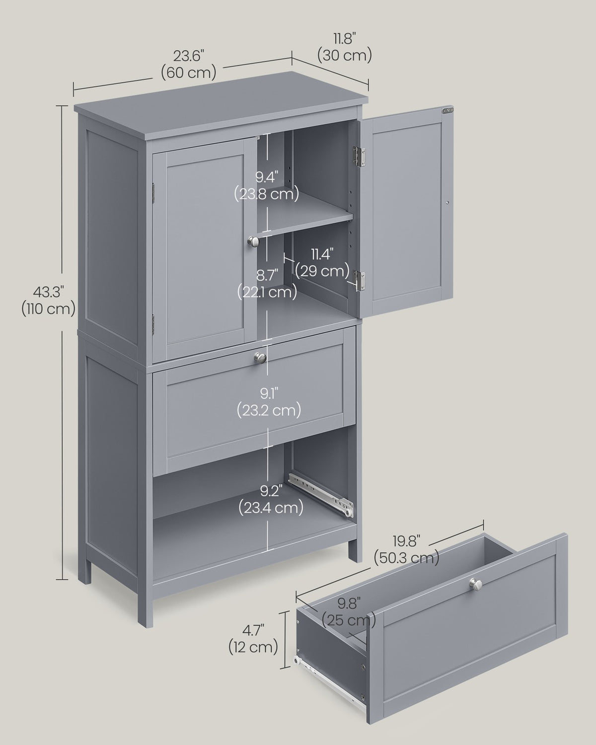 Bathroom Floor Storage Cabinet - 2 Drawers and 2 Doors - Adjustable Shelf