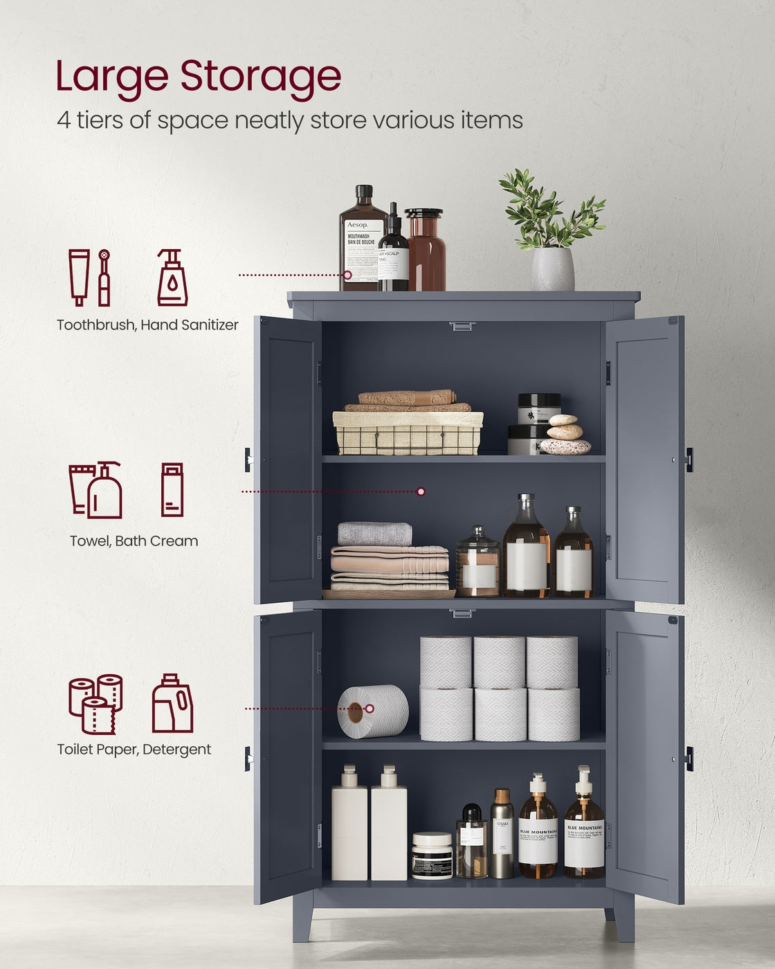 Bathroom Floor Storage Cabinet - 4 Doors