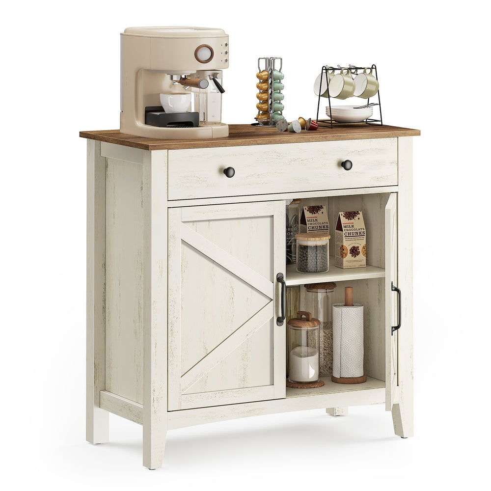 Coffee Bar Cabinet - Kitchen Storage Cabinet with Drawers - Rustic White, Honey Brown
