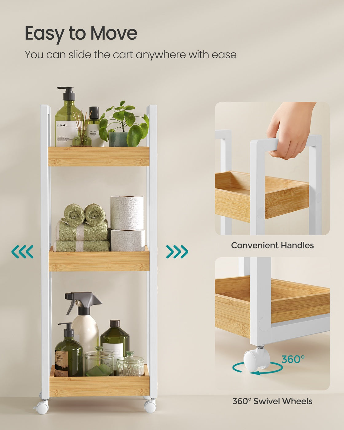 3-Tier Bamboo Rolling Cart on Wheels - White, Natural