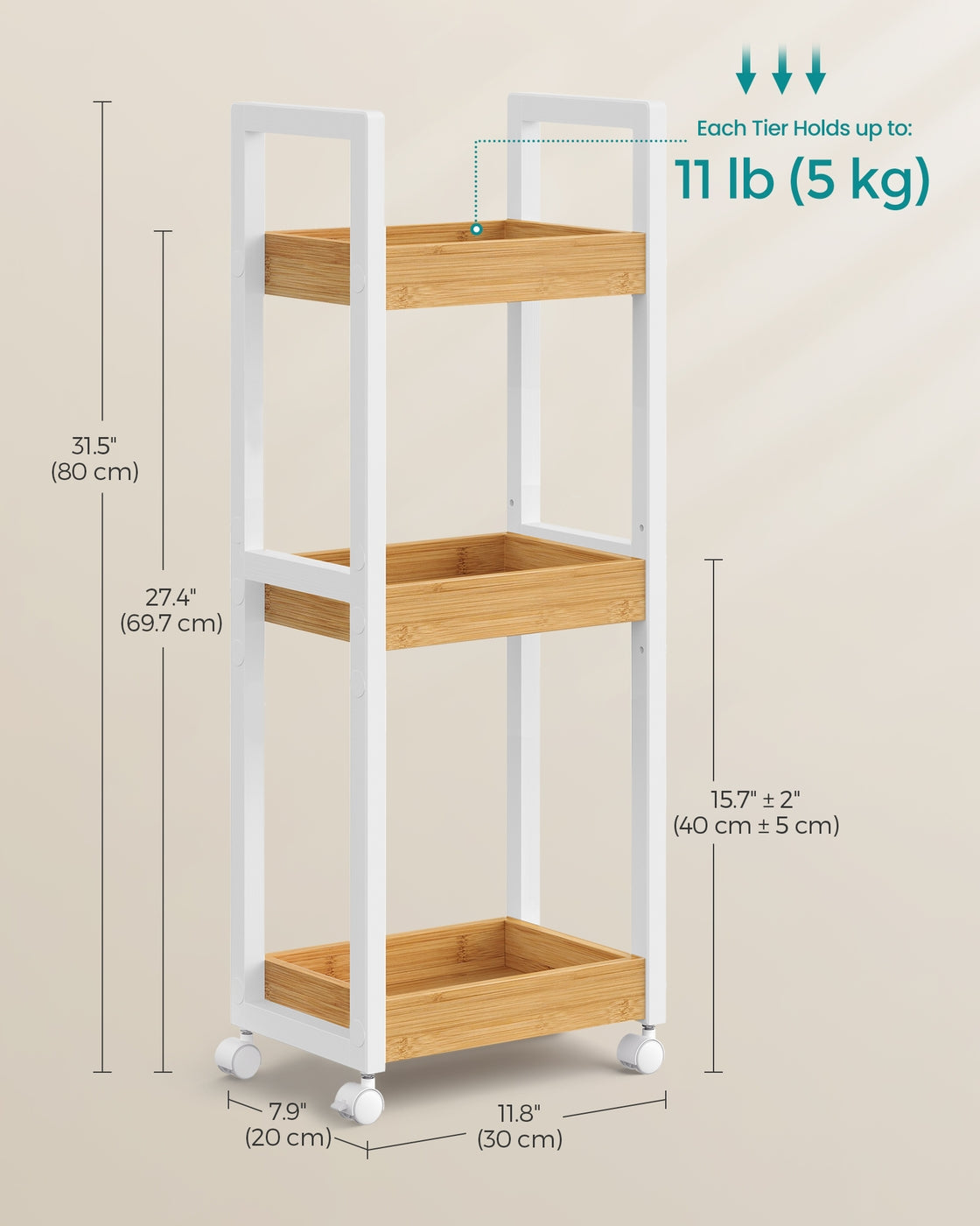 3-Tier Bamboo Rolling Cart on Wheels - White, Natural