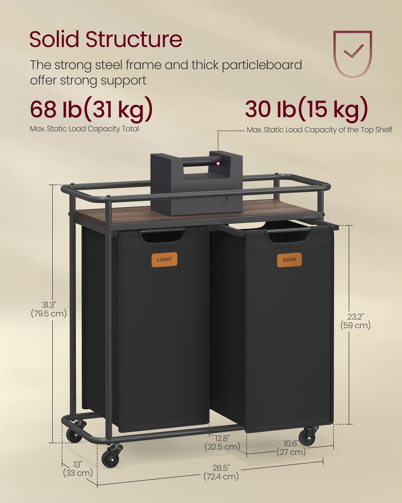 Laundry Sorter - Laundry Hamper with Wheels - 26.4 Gal. (100 L) Portable Rolling Cart Baskets with Shelf - 2 Removable Liners and 6 Labels