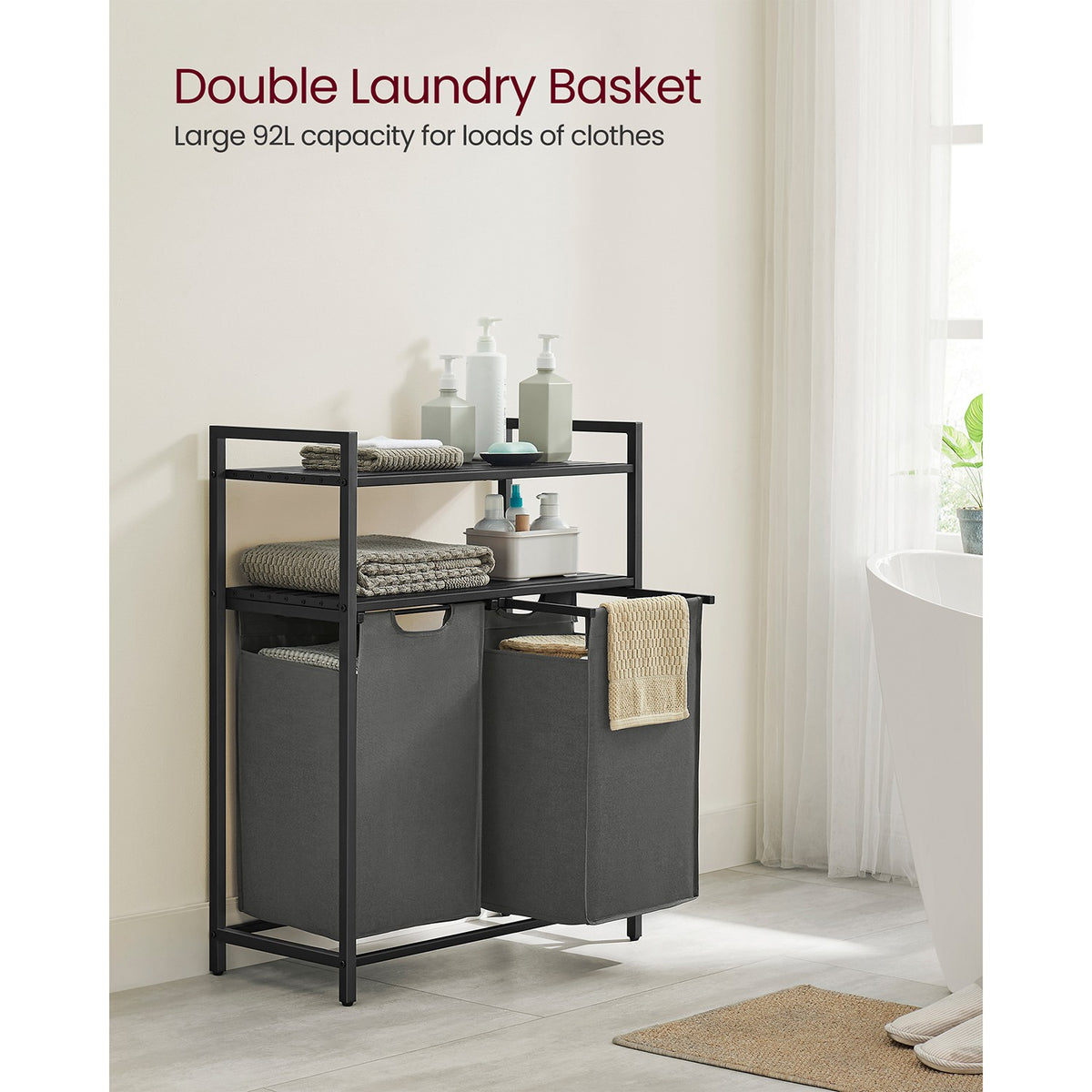 Laundry Hamper with 2 Pull-Out and Removable Bags - Black, Gray