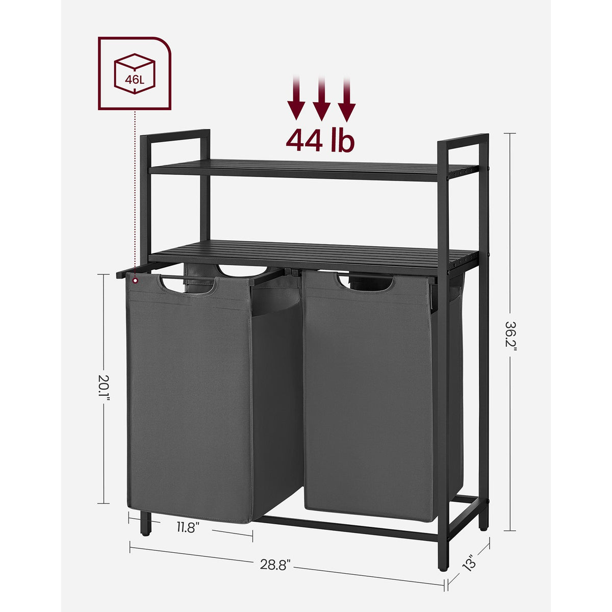 Laundry Hamper with 2 Pull-Out and Removable Bags - Black, Gray