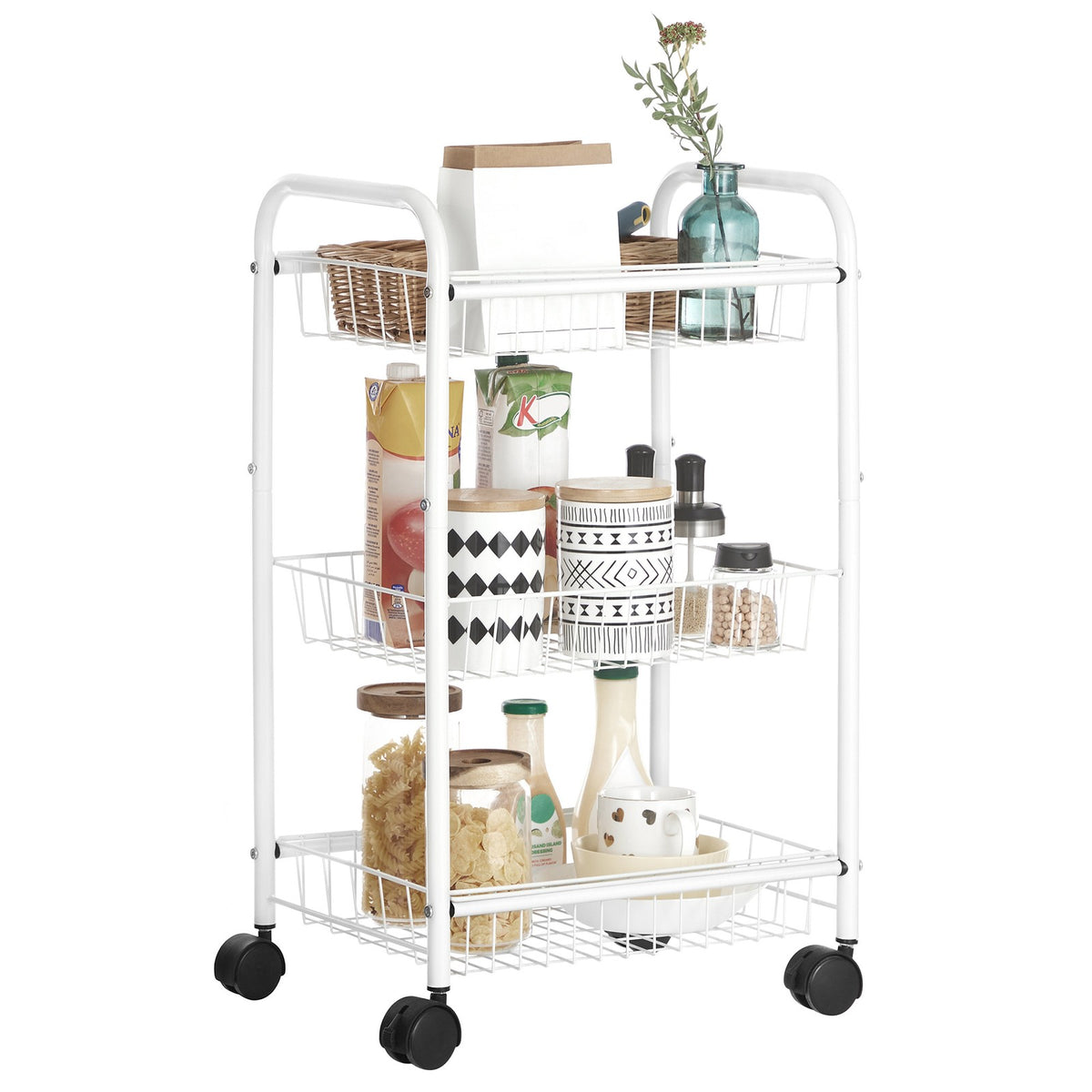 Metal Rolling Cart - 3-Tier - Lockable Wheels - With Baskets