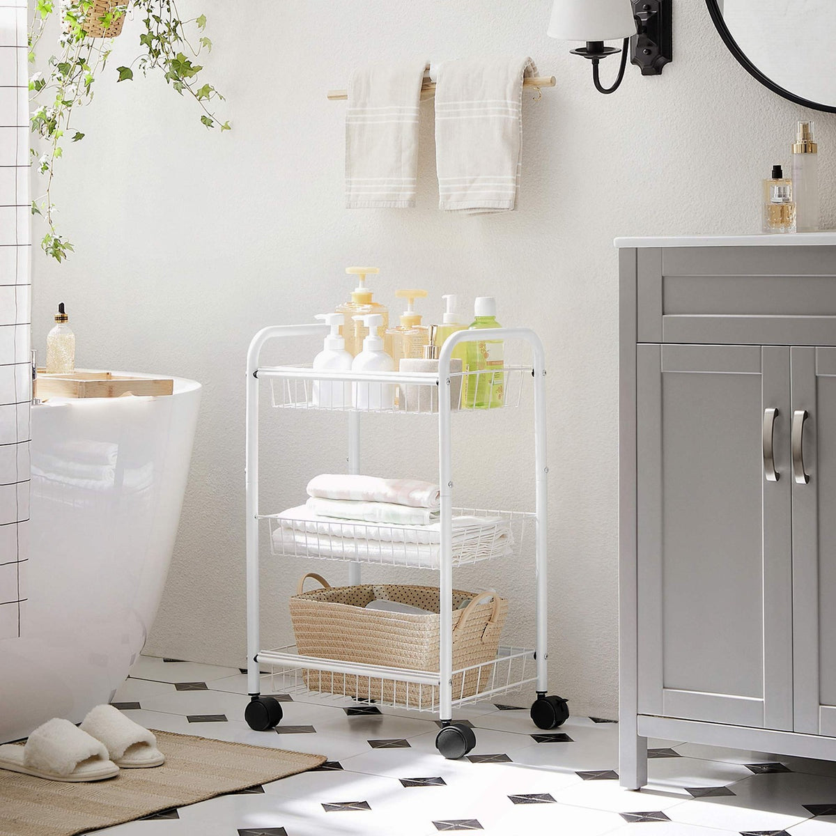 Metal Rolling Cart - 3-Tier - Lockable Wheels - With Baskets