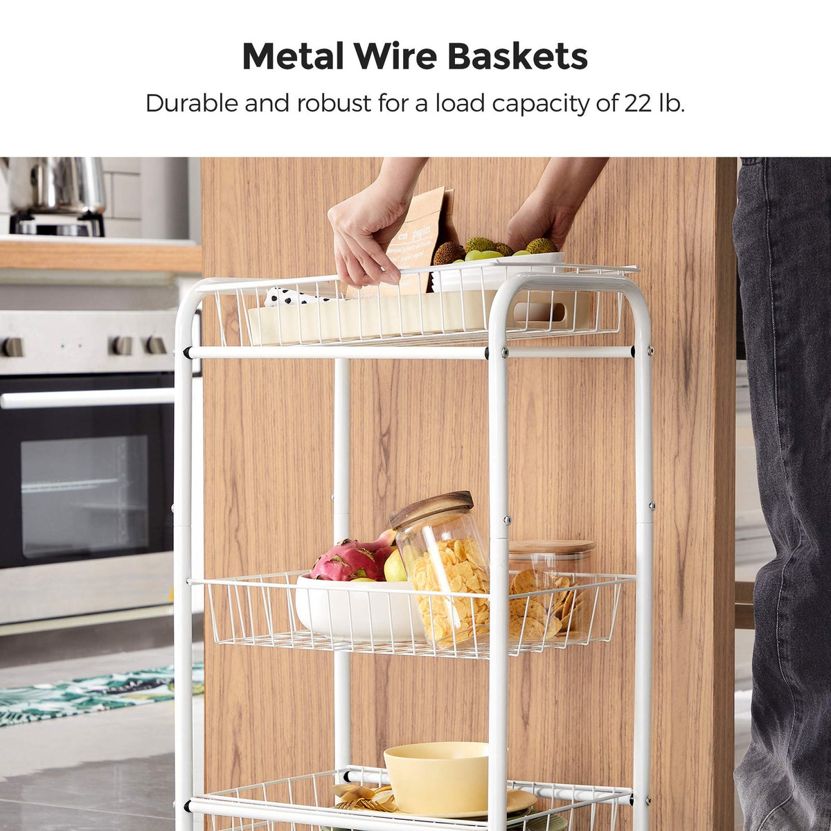 Metal Rolling Cart - 3-Tier - Lockable Wheels - With Baskets