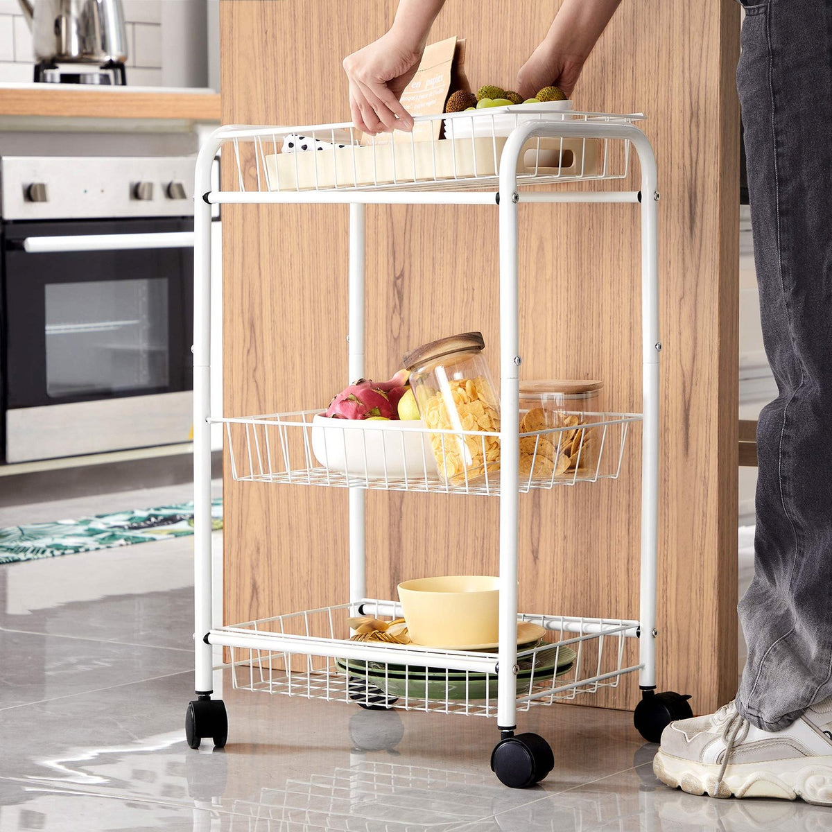 Metal Rolling Cart - 3-Tier - Lockable Wheels - With Baskets
