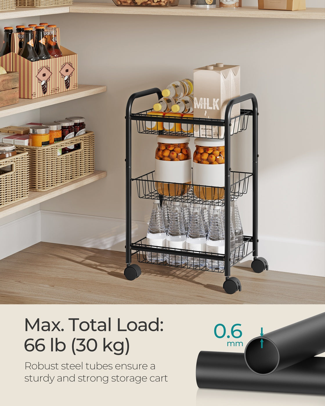 3-Tier Metal Rolling Cart on Wheels with Baskets Black - Black
