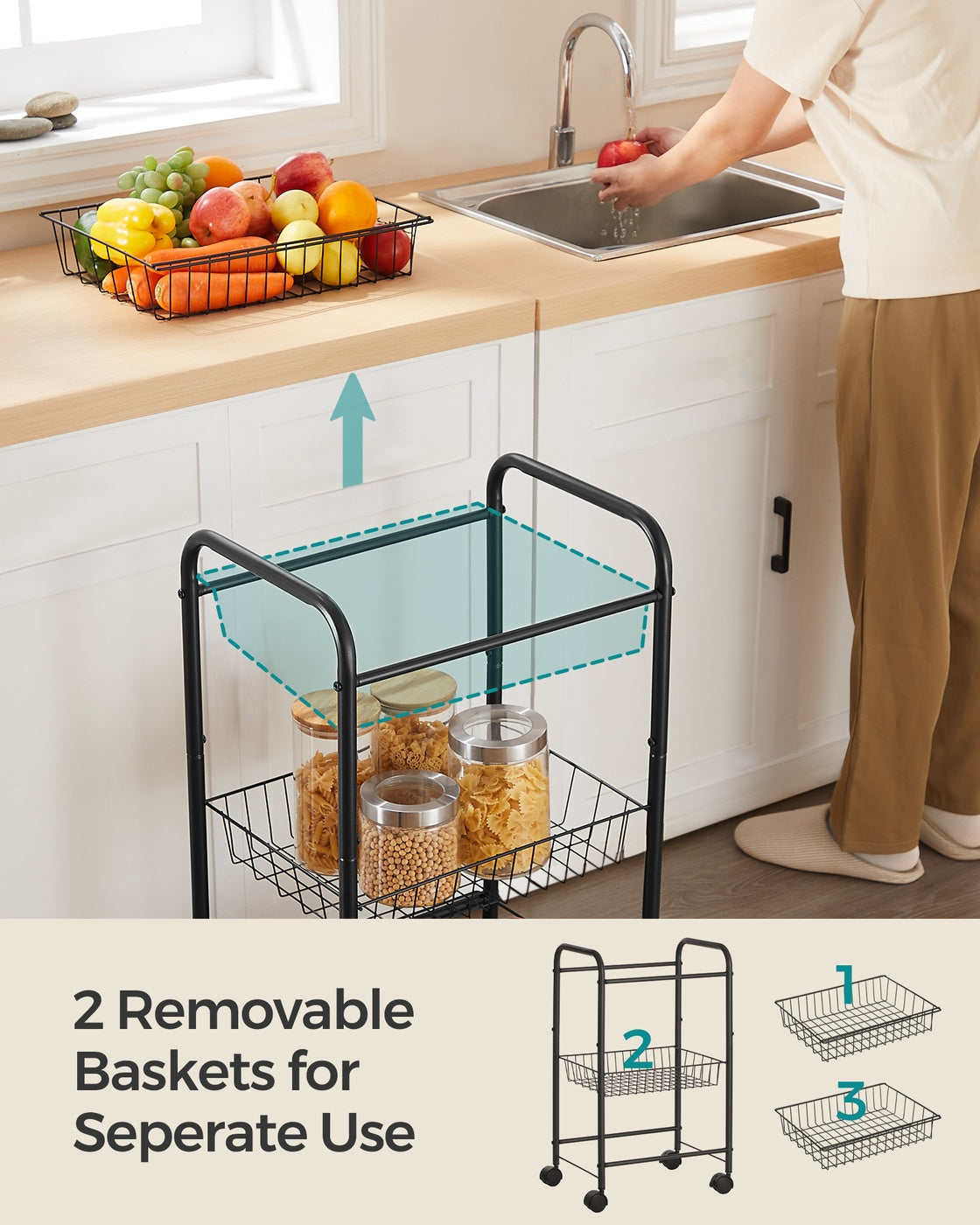 3-Tier Metal Rolling Cart on Wheels with Baskets Black - Black