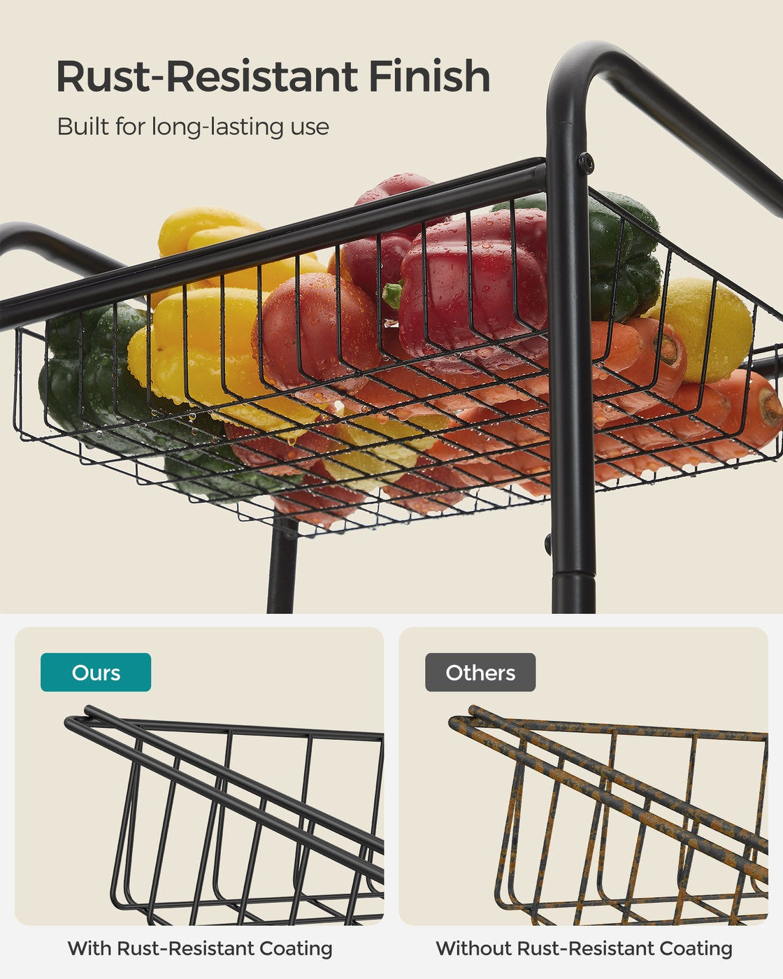 3-Tier Metal Rolling Cart on Wheels with Baskets Black - Black