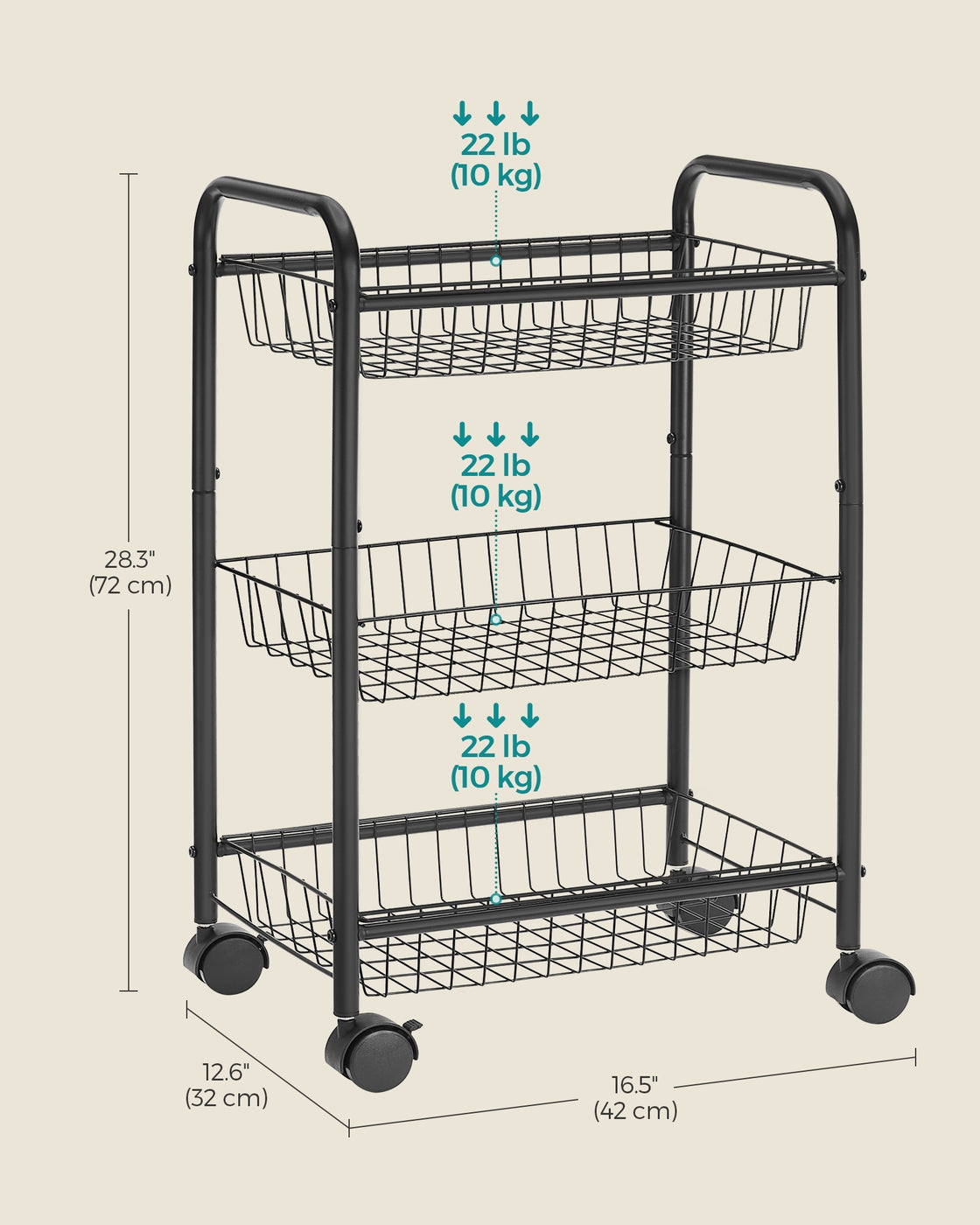 3-Tier Metal Rolling Cart on Wheels with Baskets Black - Black