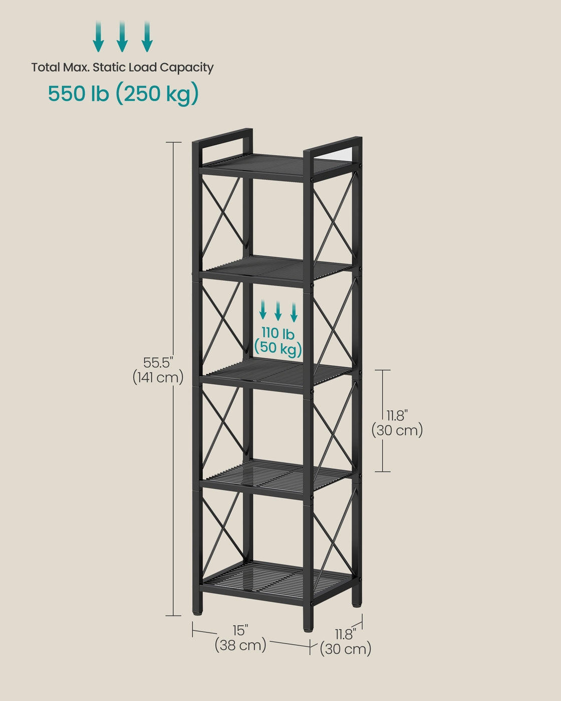 Metal Storage Shelving Unit with X Side Frames for Kitchen and Bathroom - Ink Black