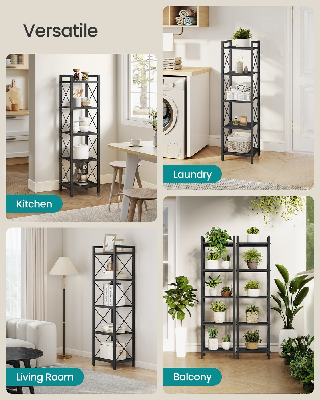 Metal Storage Shelving Unit with X Side Frames for Kitchen and Bathroom - Ink Black