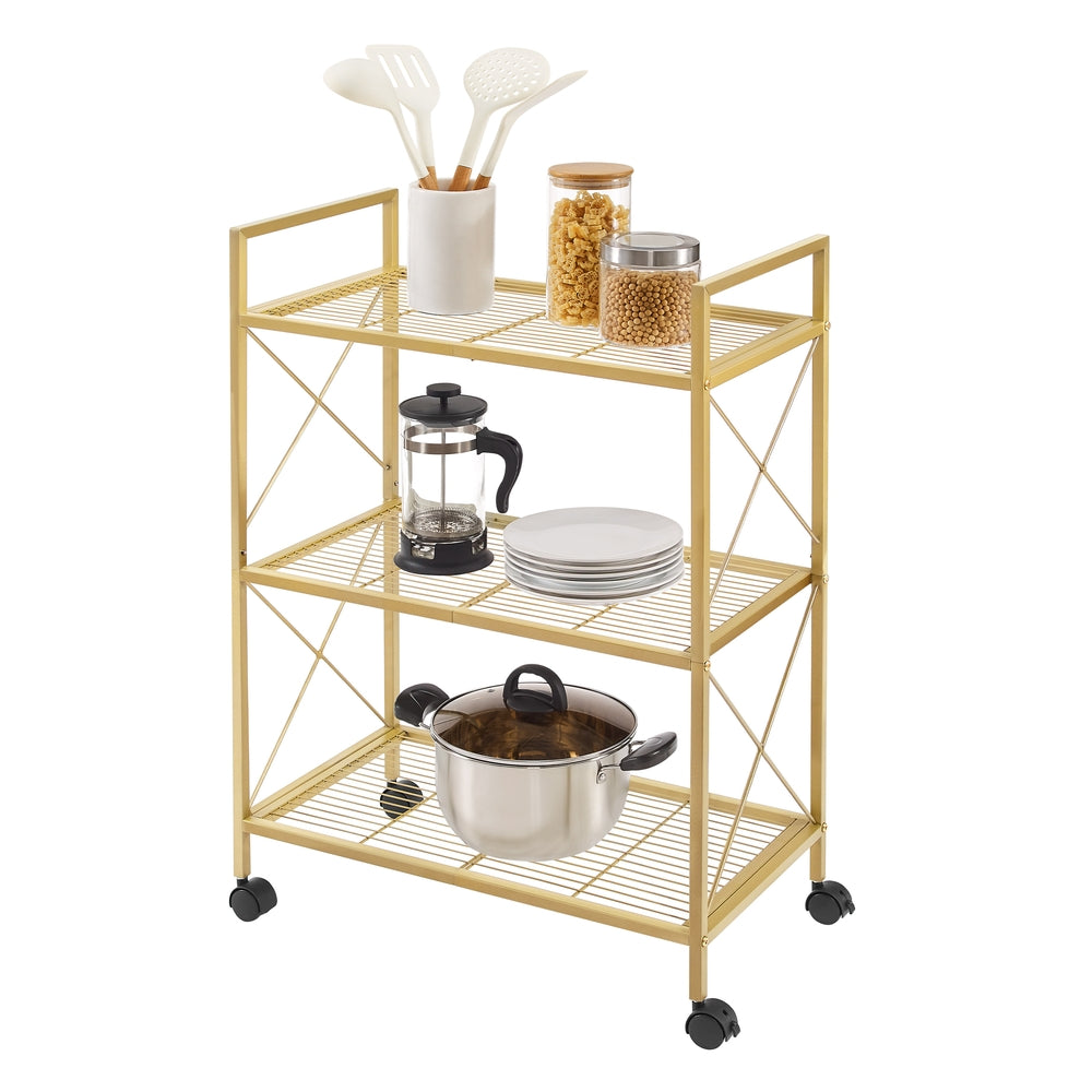 3-Tier Metal Storage Rack - Wheels - Mesh Shelves - 32 Inch Wide - Metallic Gold