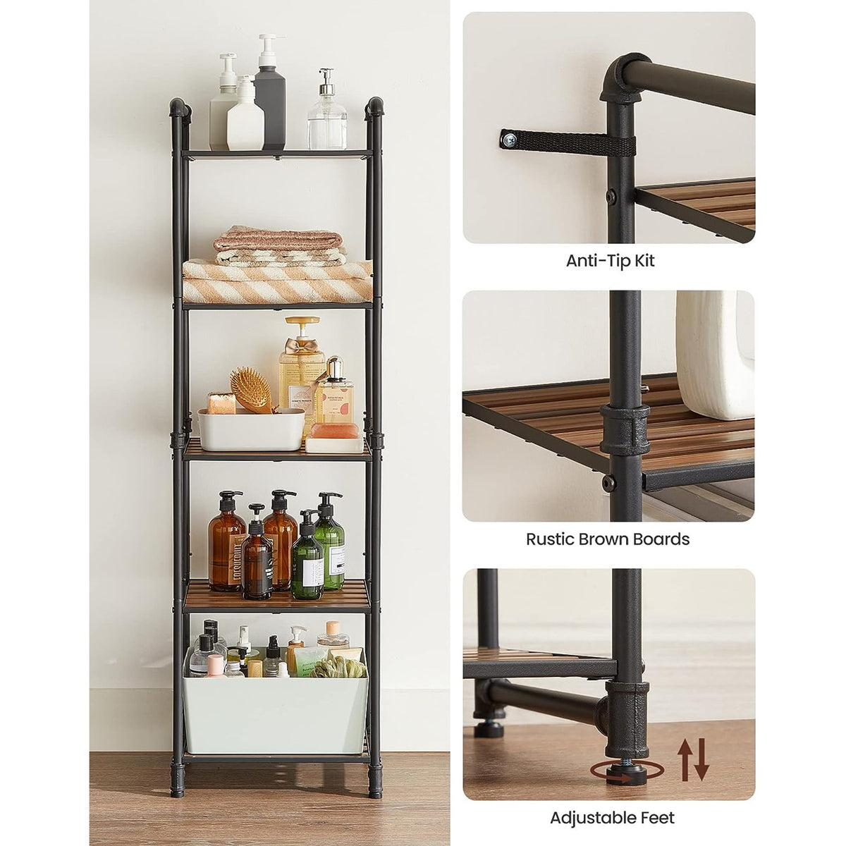5-Tier Storage Rack - Rustic Brown, Black