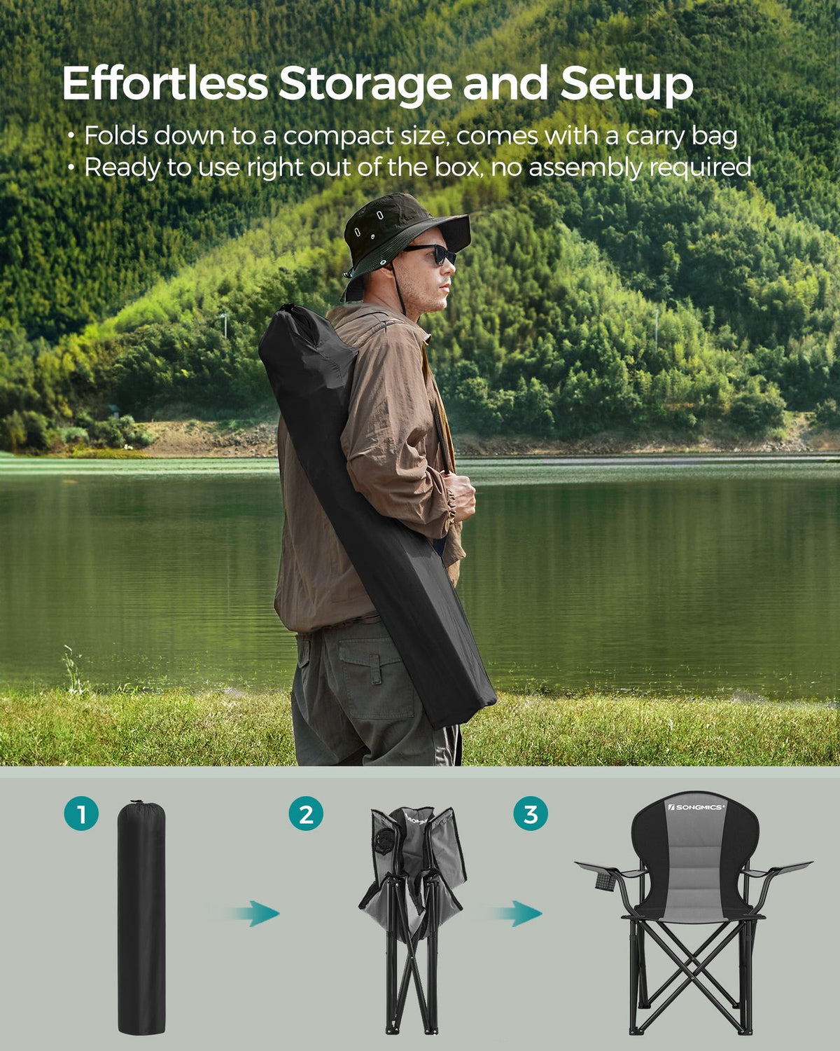 Folding Camping Chair with Sponge Seat Grey and Ink Black - 21.7"D x 35.4"W x 40.2"H