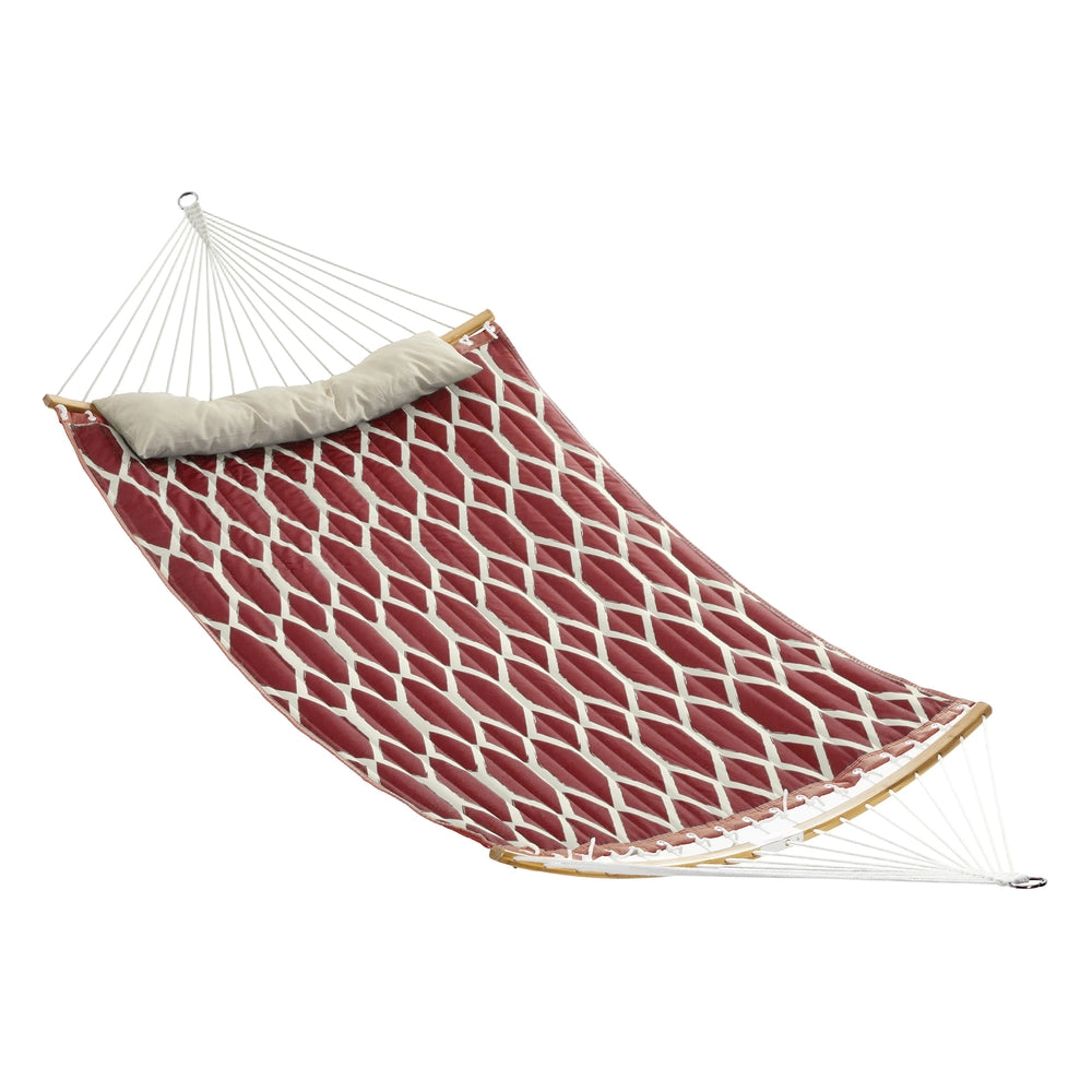 Quilted Hammock with Curved Bamboo Spreaders - Pillow - Red and Beige Rhombus - 78.7”L x 55.1”W