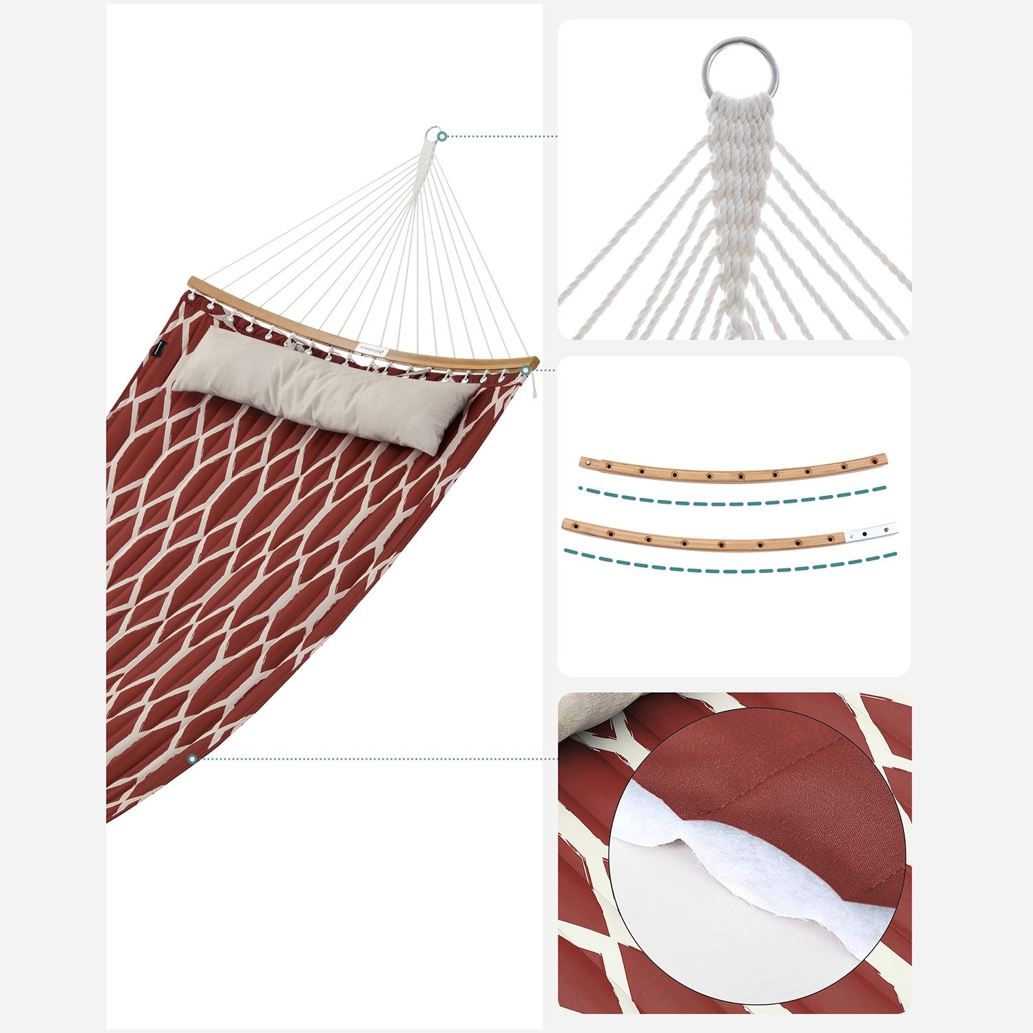 Quilted Hammock with Curved Bamboo Spreaders - Pillow - Red and Beige Rhombus