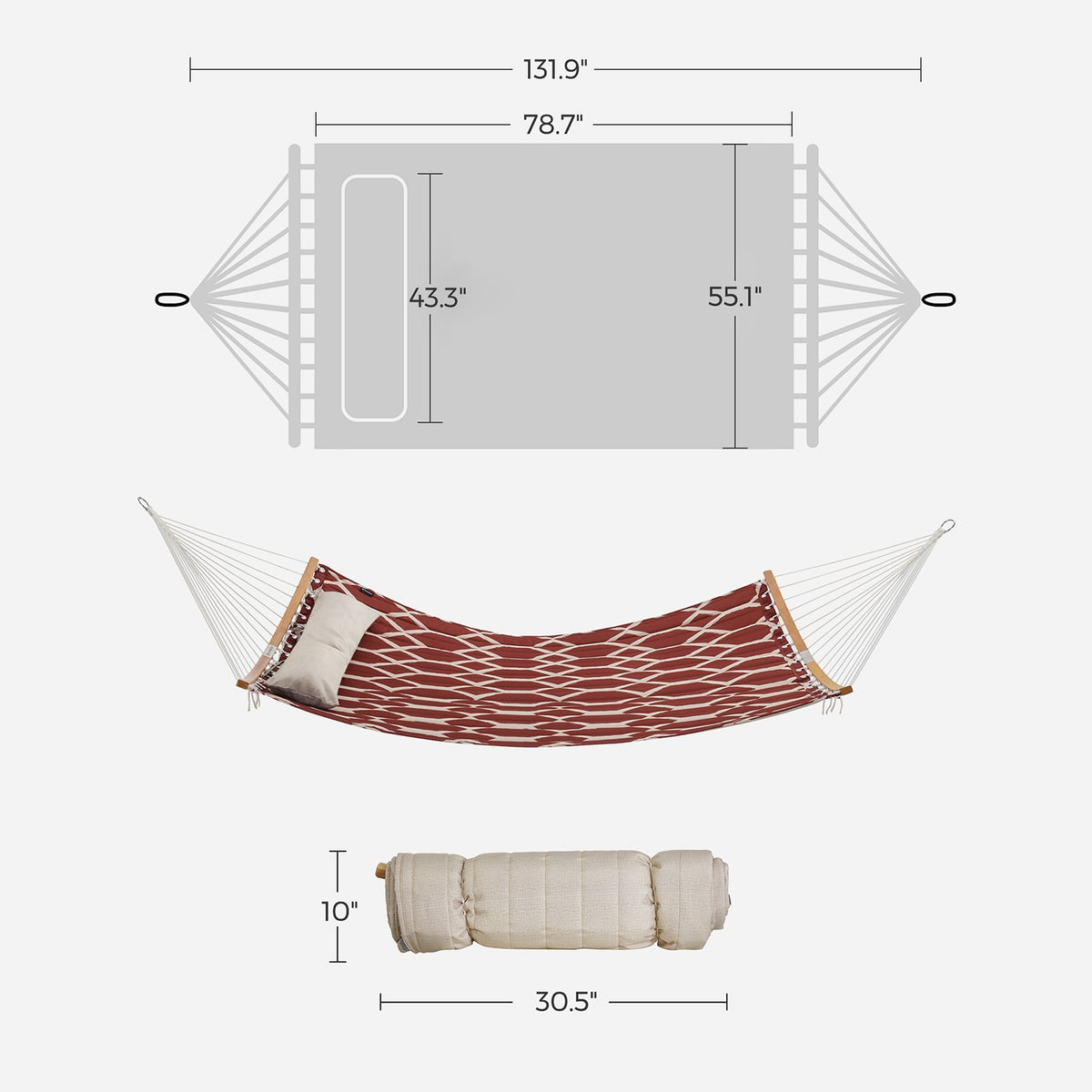 Quilted Hammock with Curved Bamboo Spreaders - Pillow - Red and Beige Rhombus