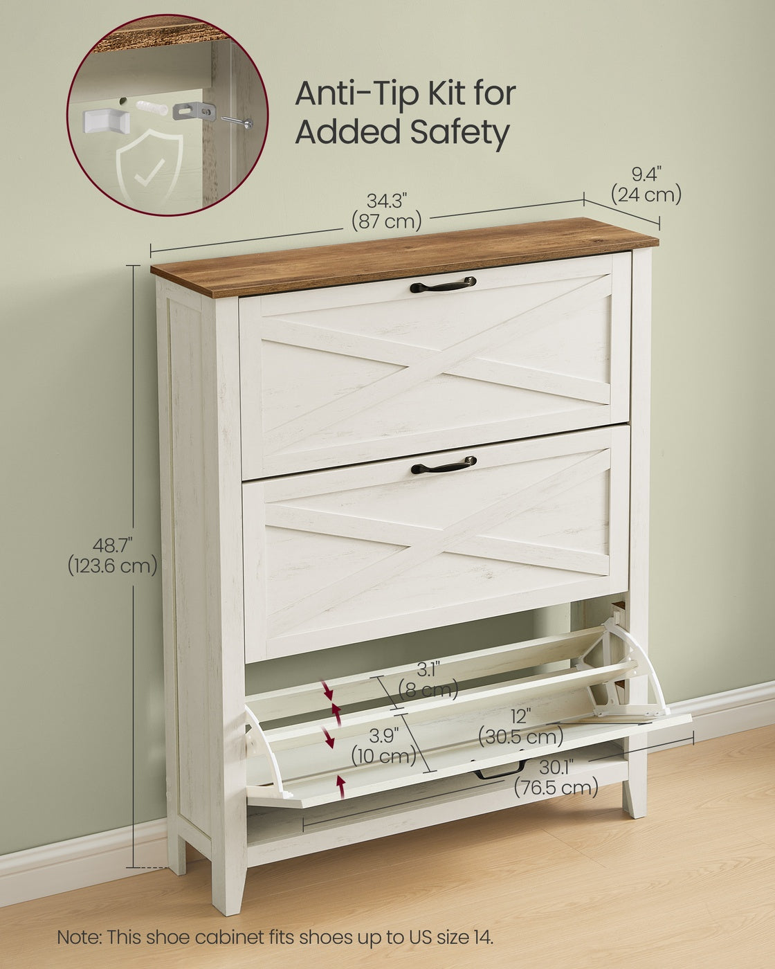 Tall Slim Shoe Cabinet - 3 Flip-Down Drawers - Fits 18 to 24 Pairs